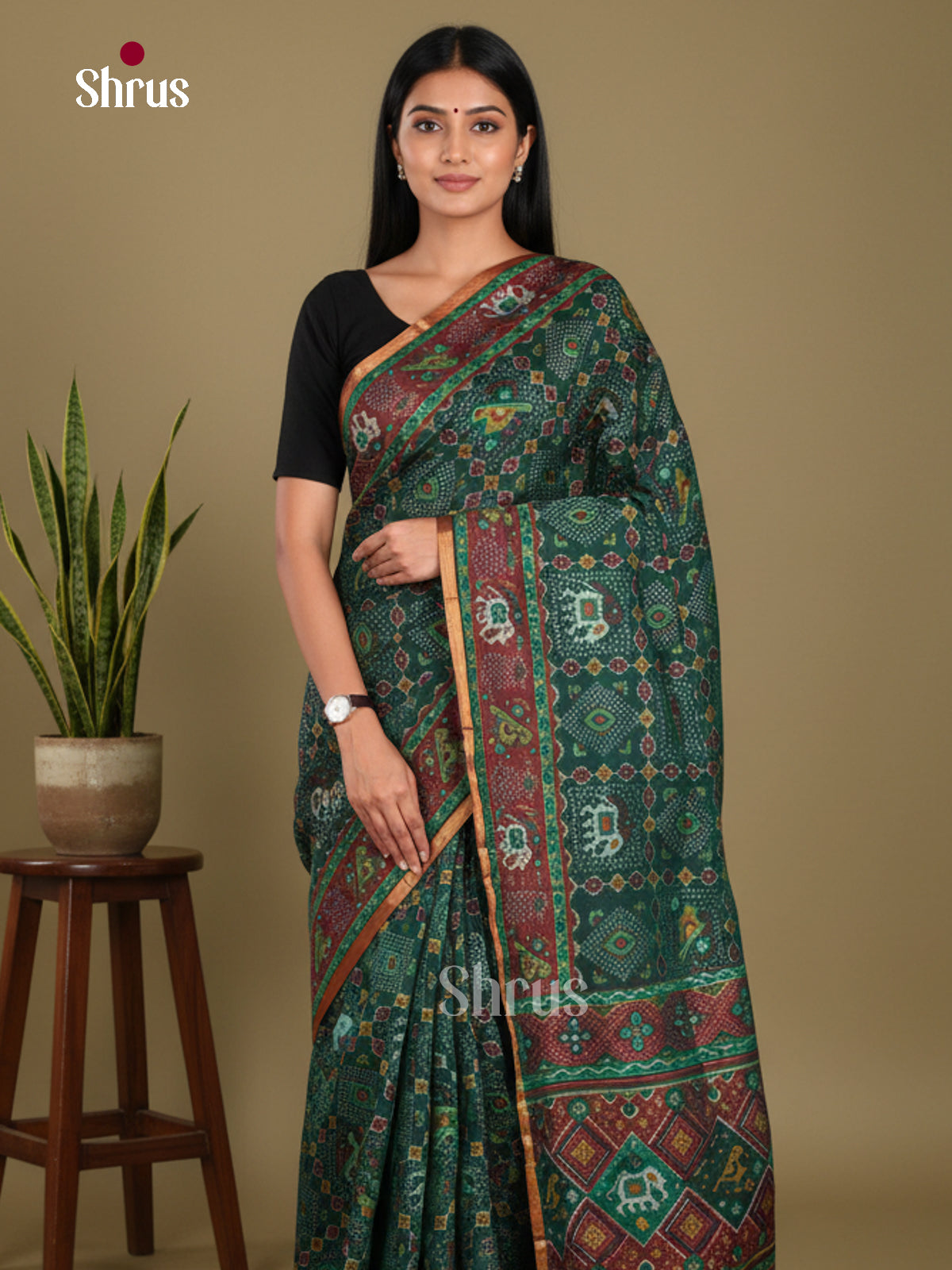 Green & Maroon - Semi Patola Saree