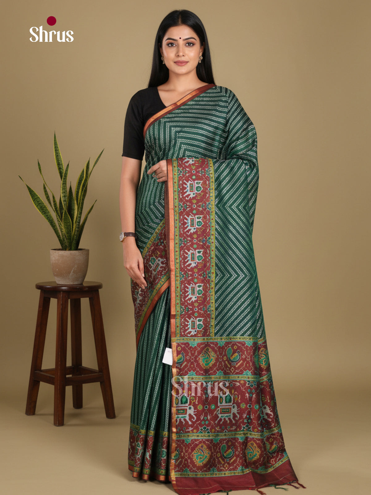 Green & Maroon - Semi Patola Saree