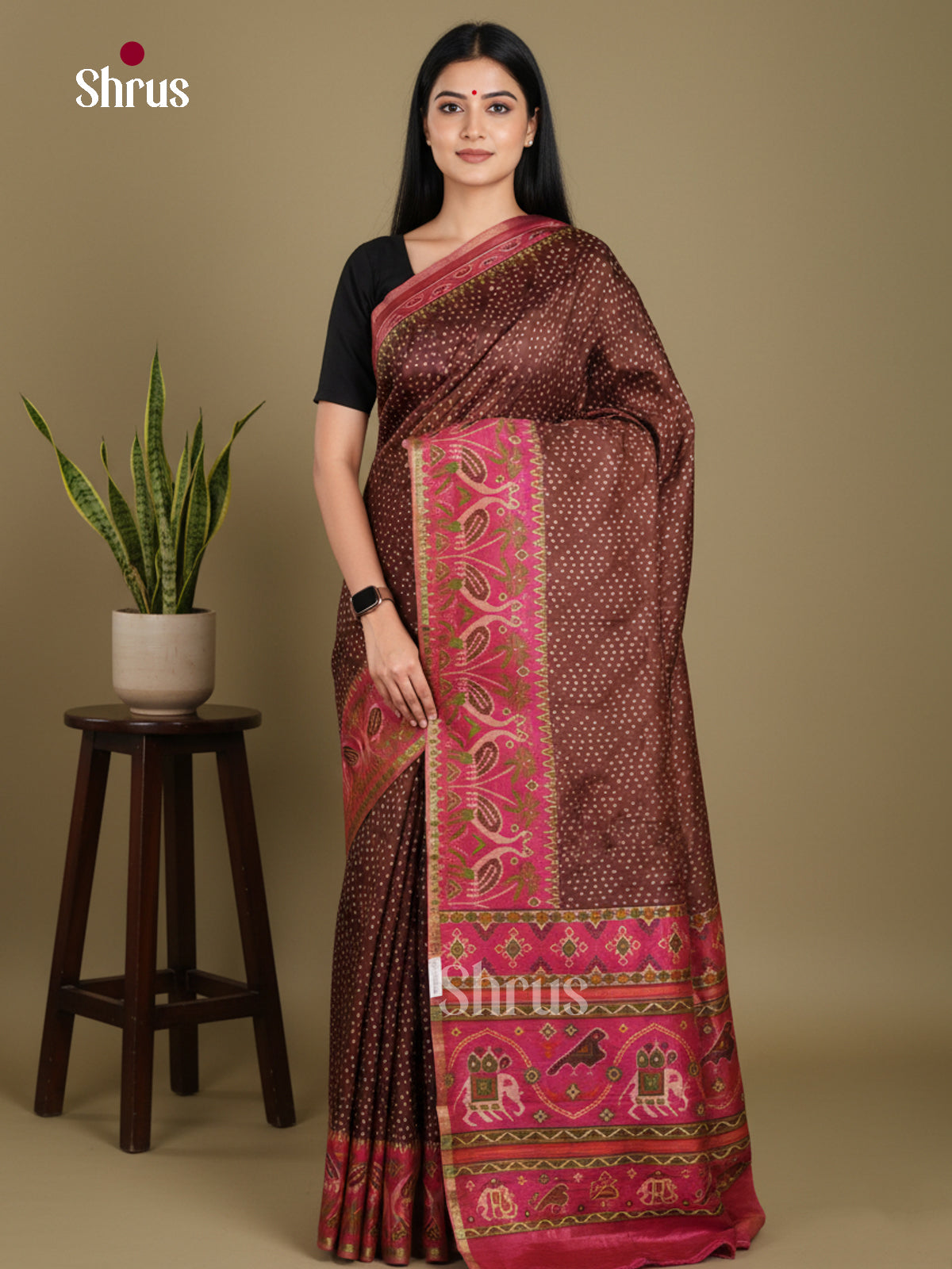 Brown & Pink - Semi Patola Saree