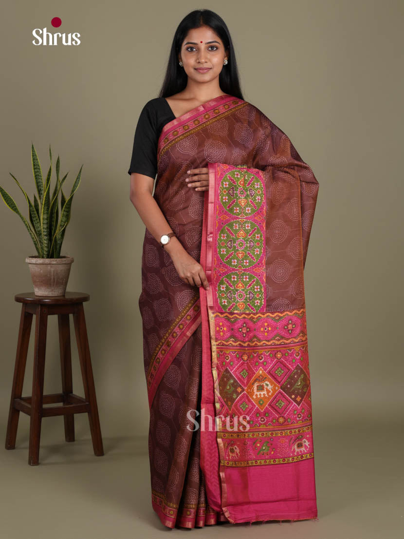 Brown & Pink- Semi Patola Saree