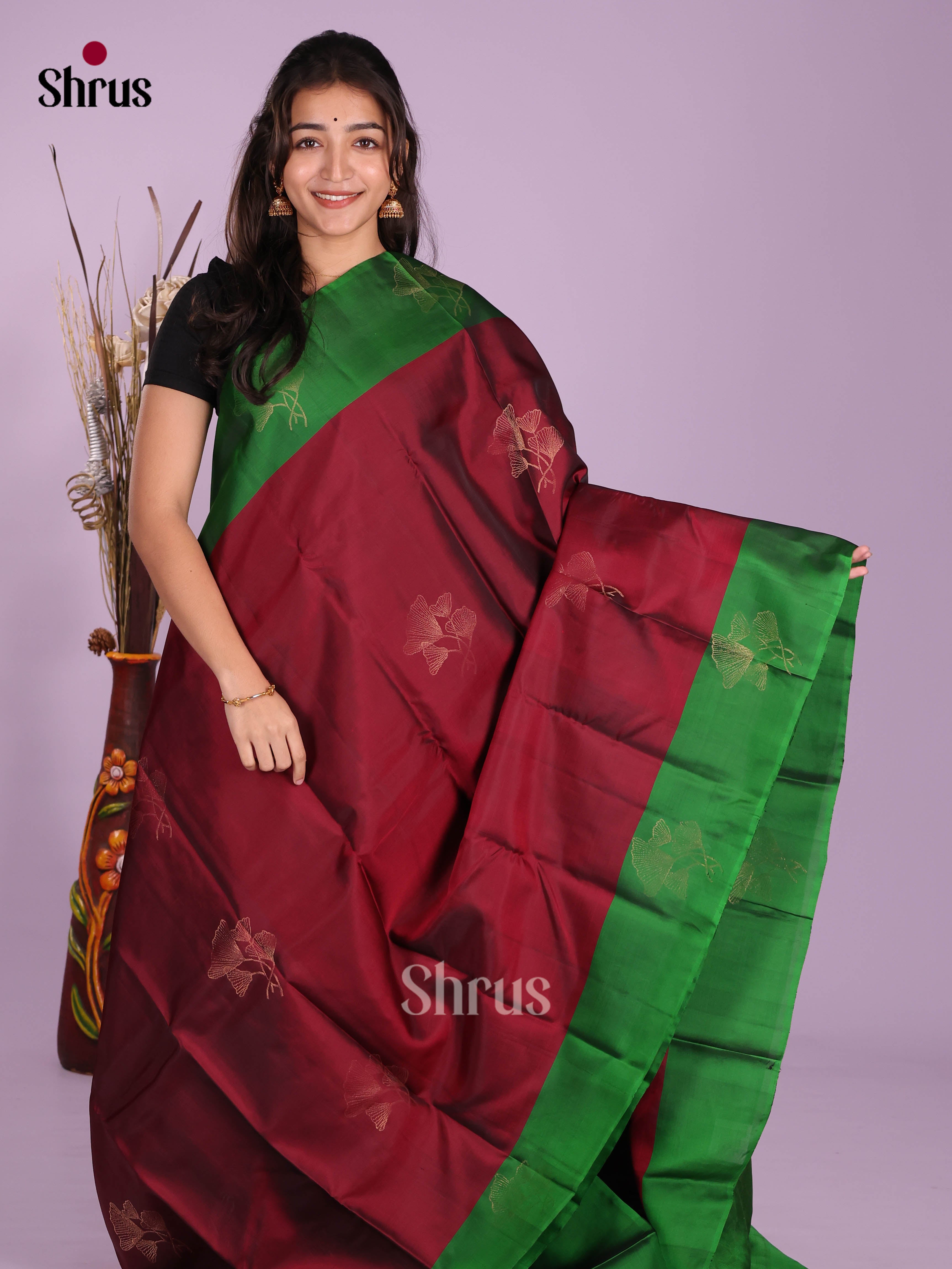 Maroon & Green - Softsilk-halfpure Saree