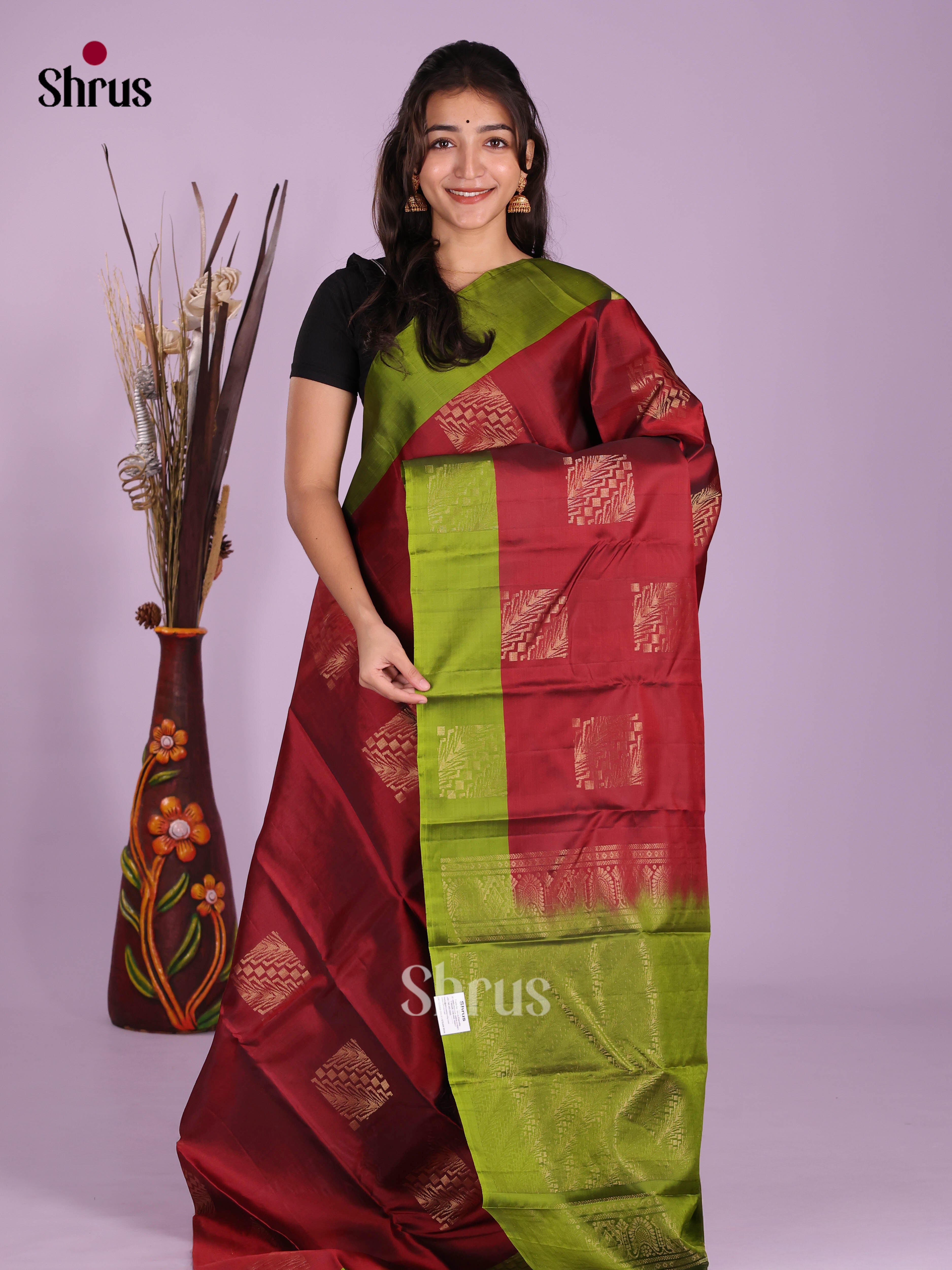 Maroon & Green - Softsilk-halfpure Saree