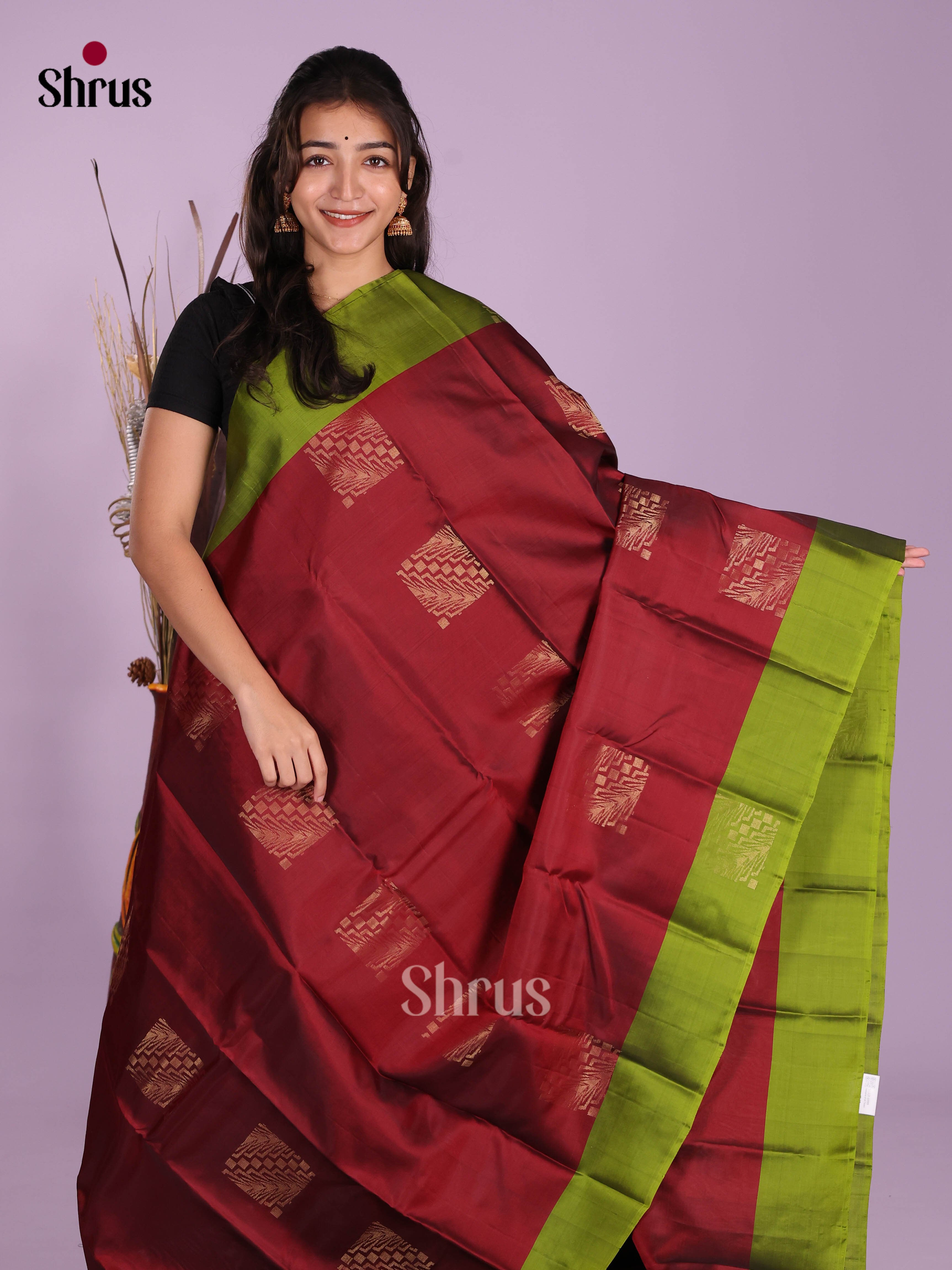Maroon & Green - Softsilk-halfpure Saree