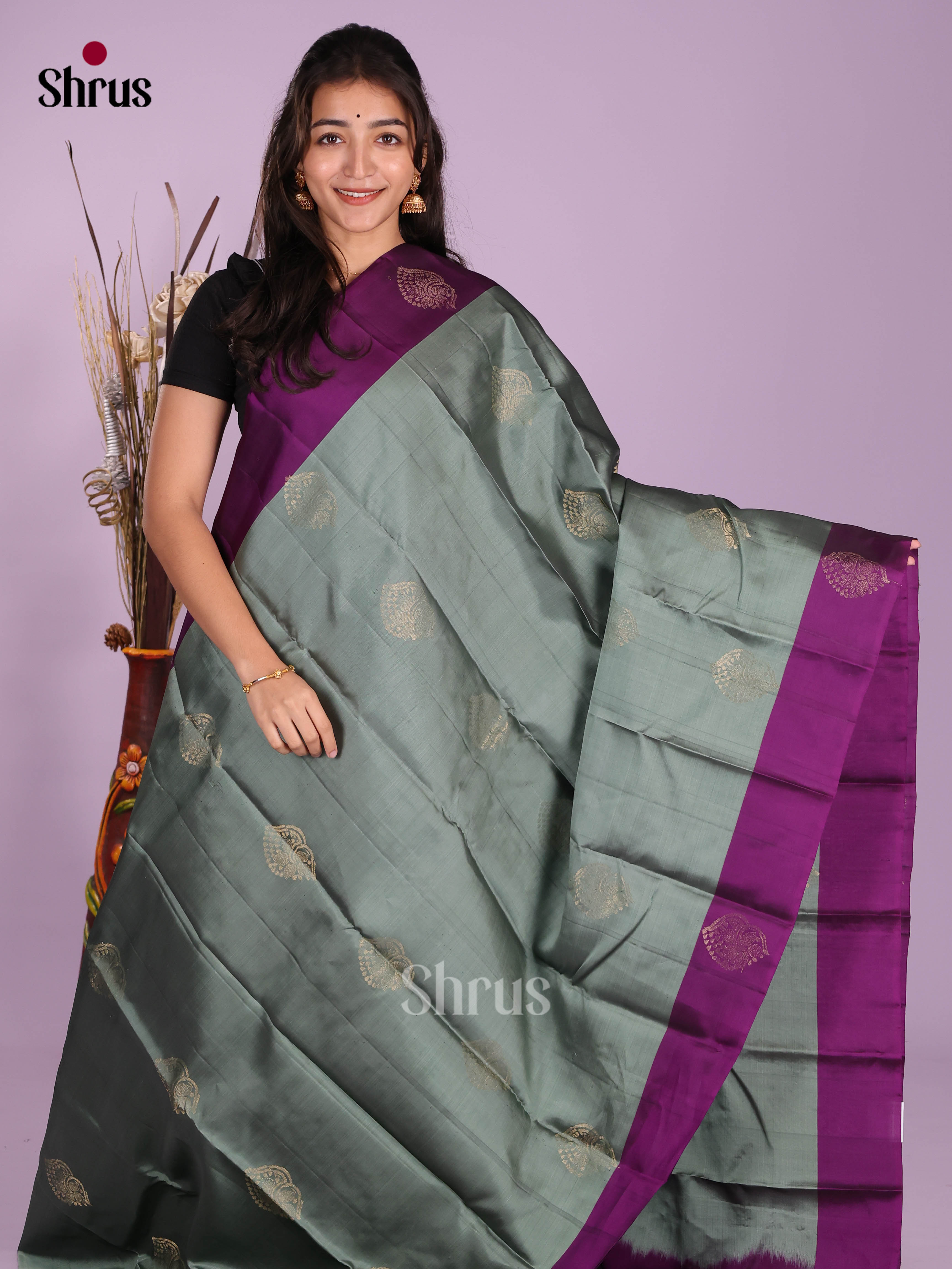 Grey & Violet- Softsilk-halfpure Saree