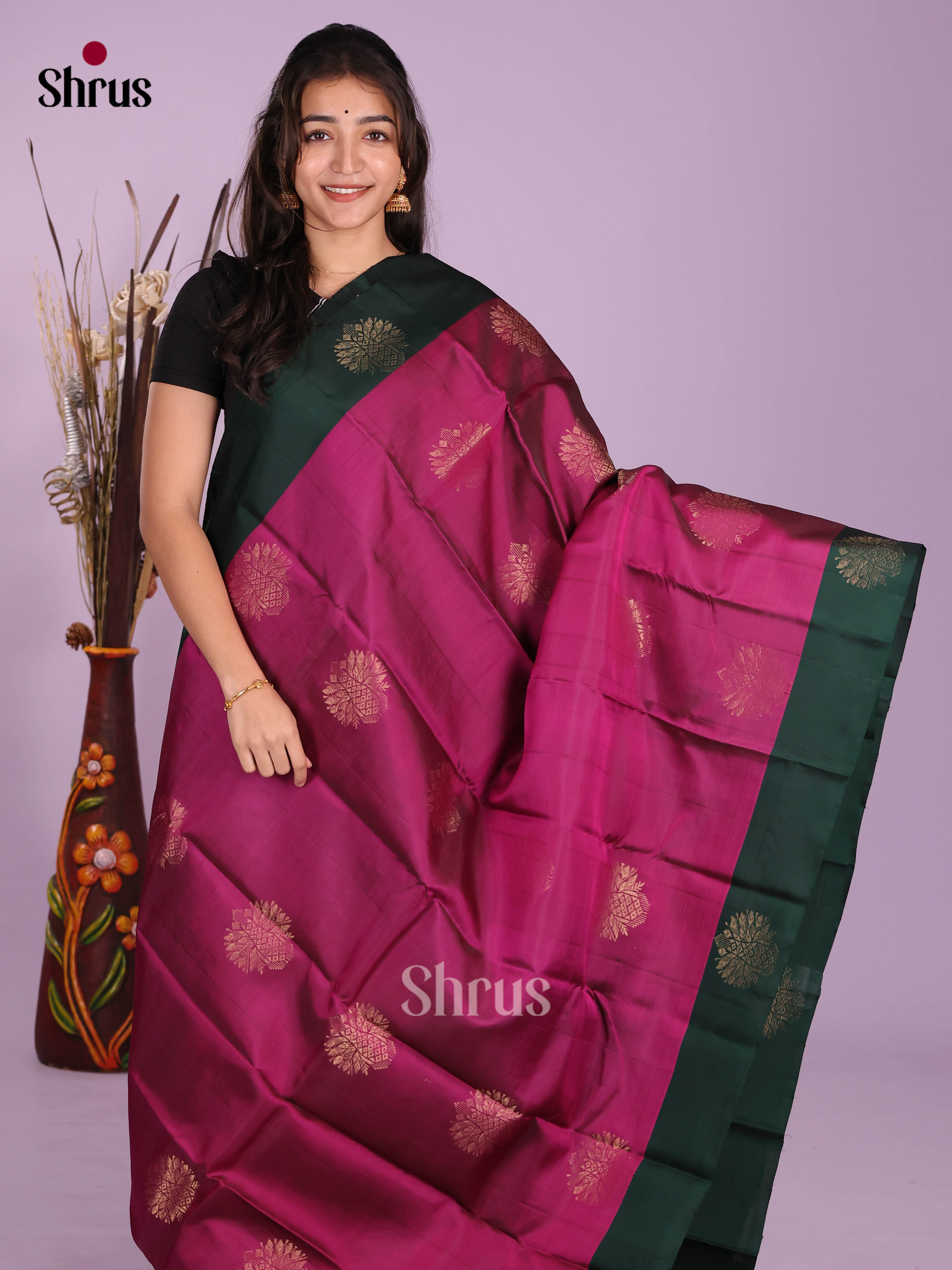 Pink & Green- Softsilk-halfpure Saree - Shop on Shrus.com