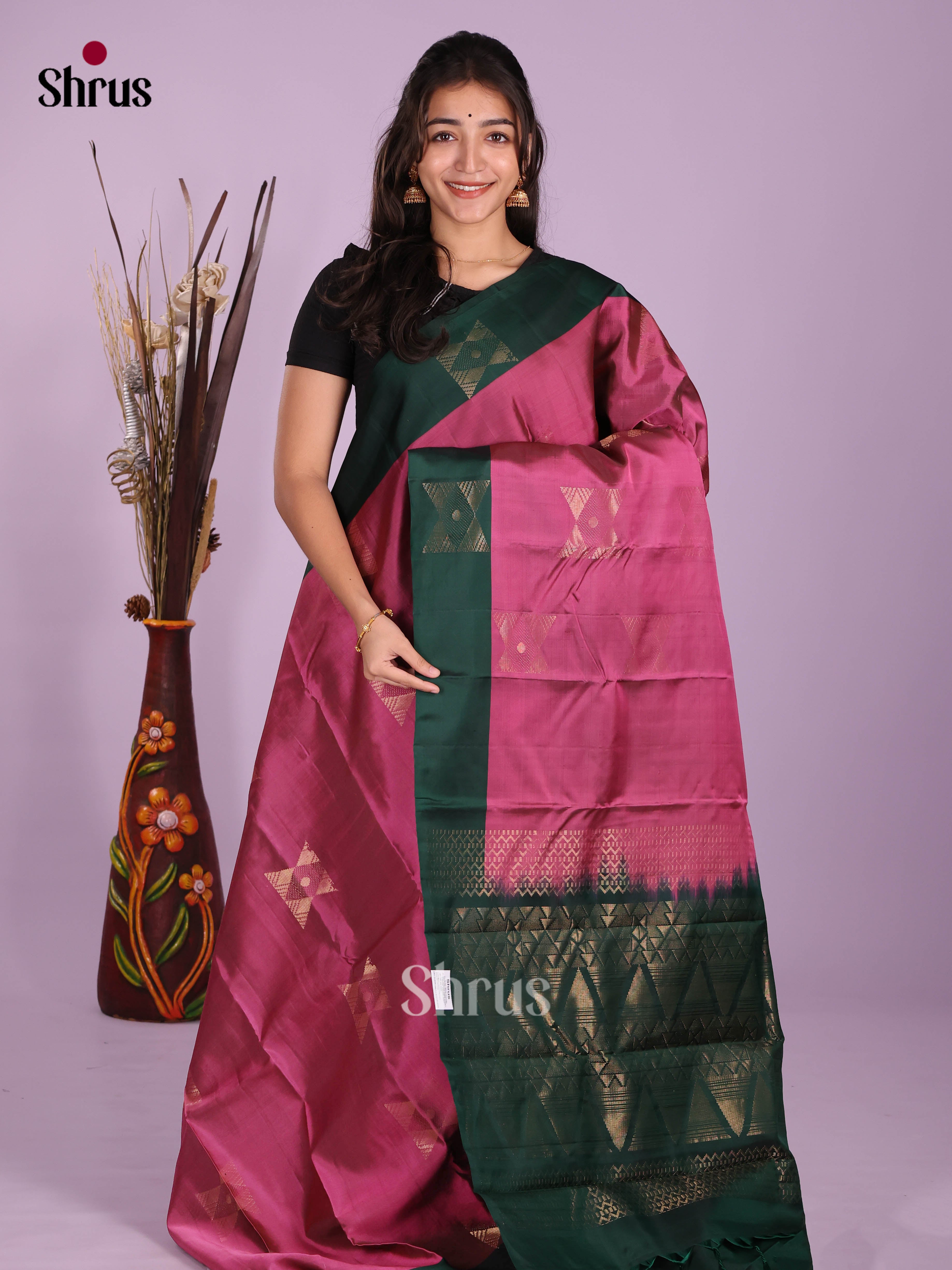 Pink & Green  - Softsilk-halfpure Saree - Shop on Shrus.com