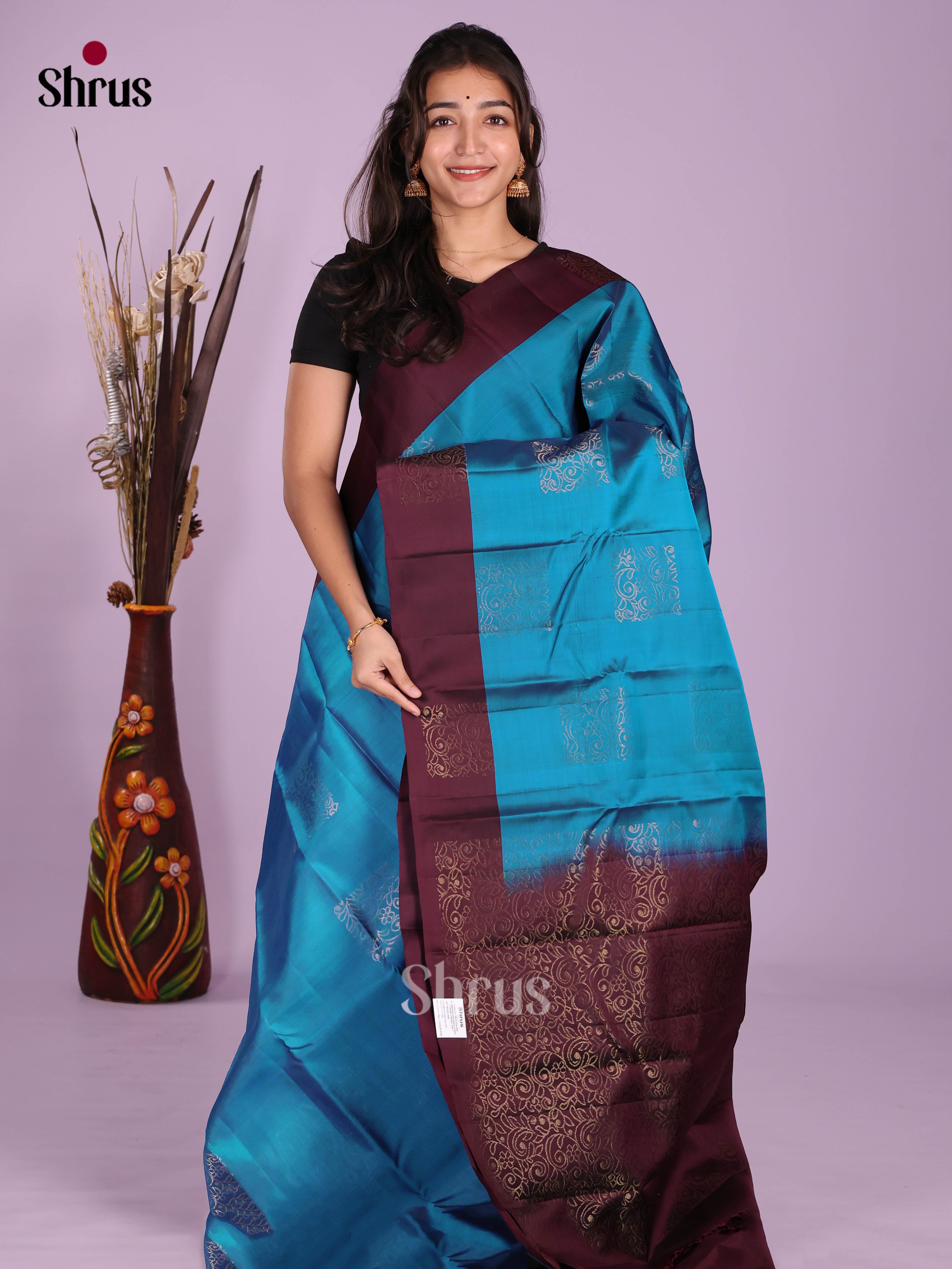 Blue & Dark Maroon - Softsilk-halfpure Saree