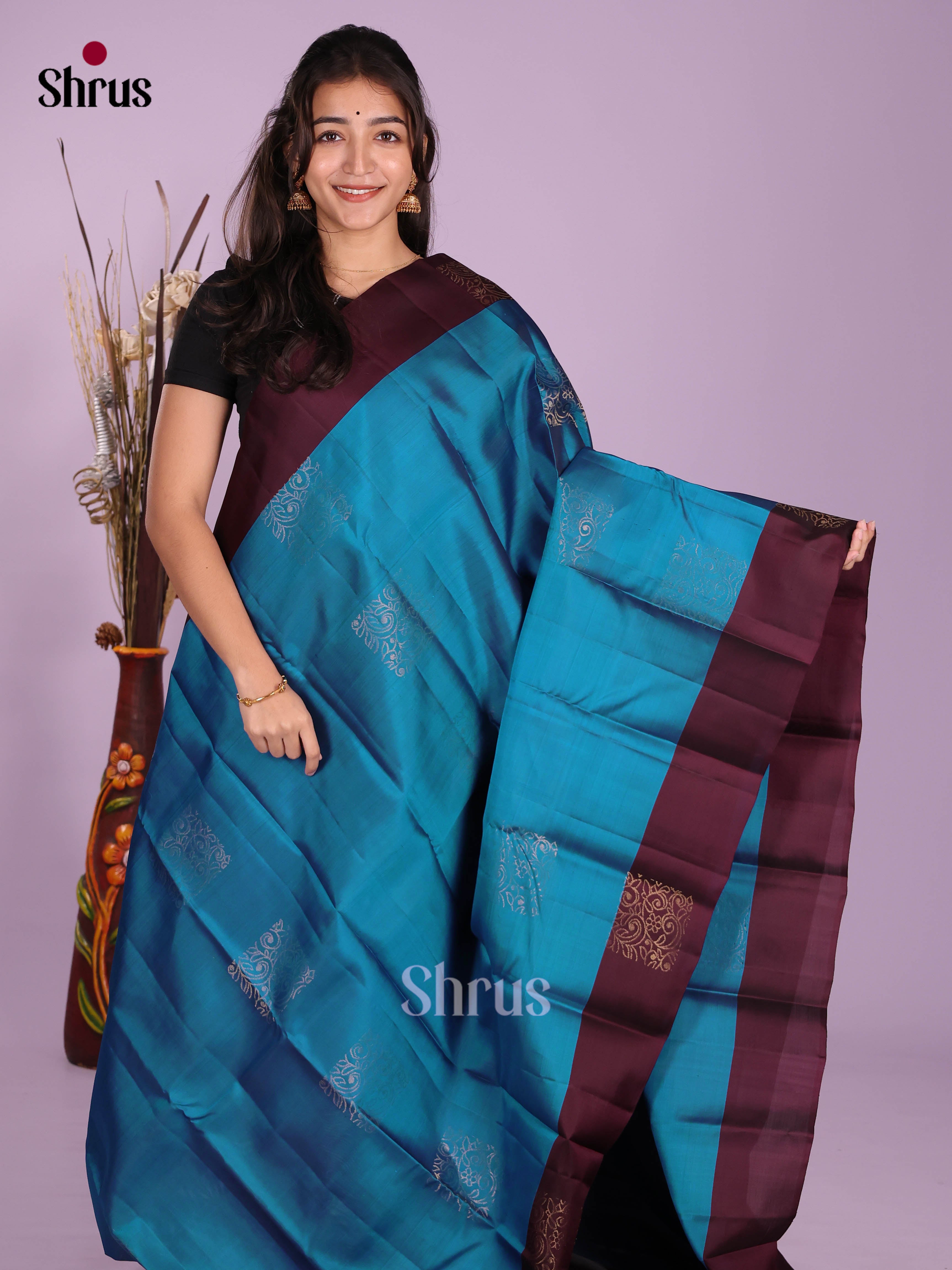 Blue & Dark Maroon - Softsilk-halfpure Saree