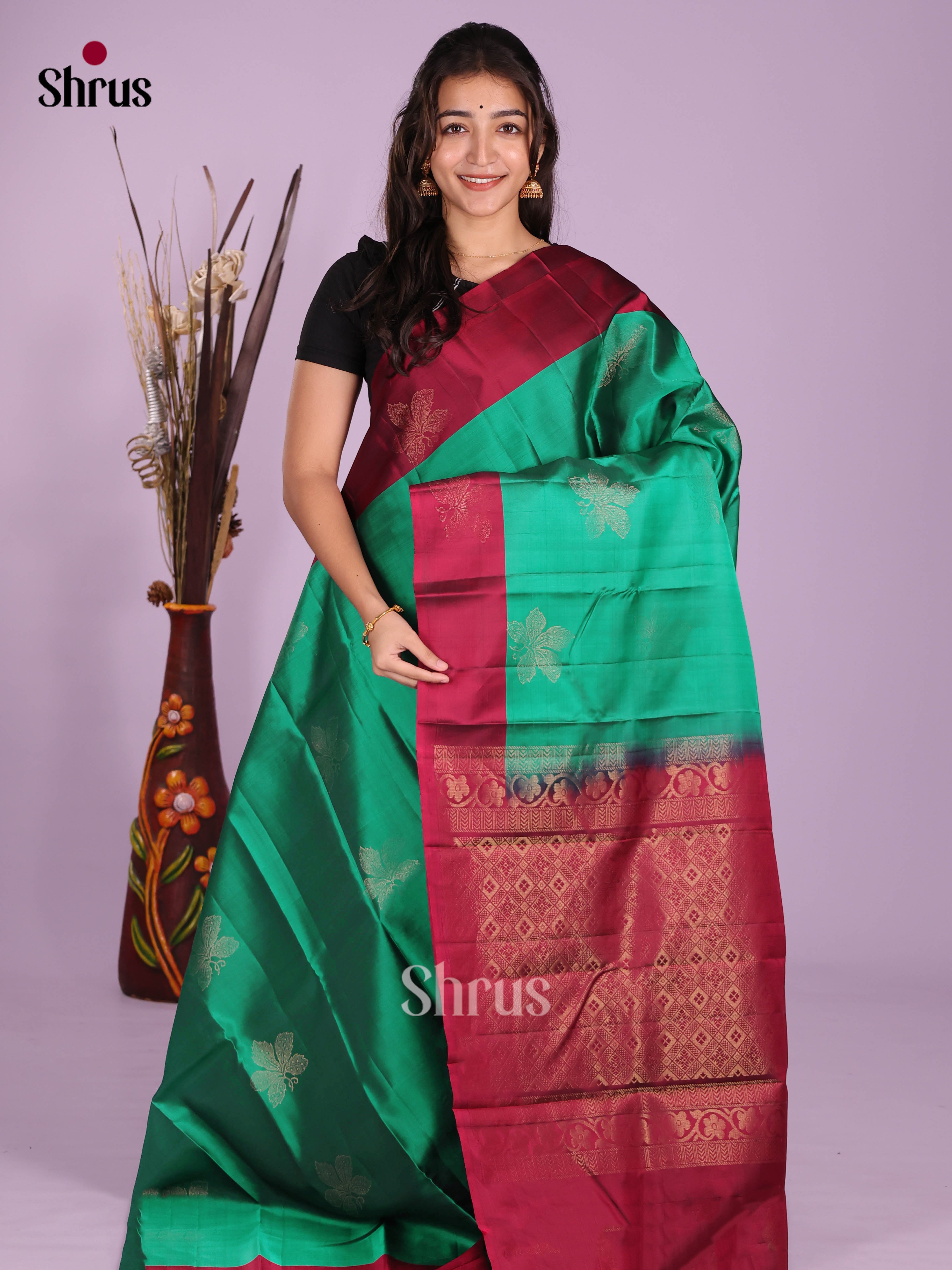 Green & Maroon - Softsilk-halfpure Saree
