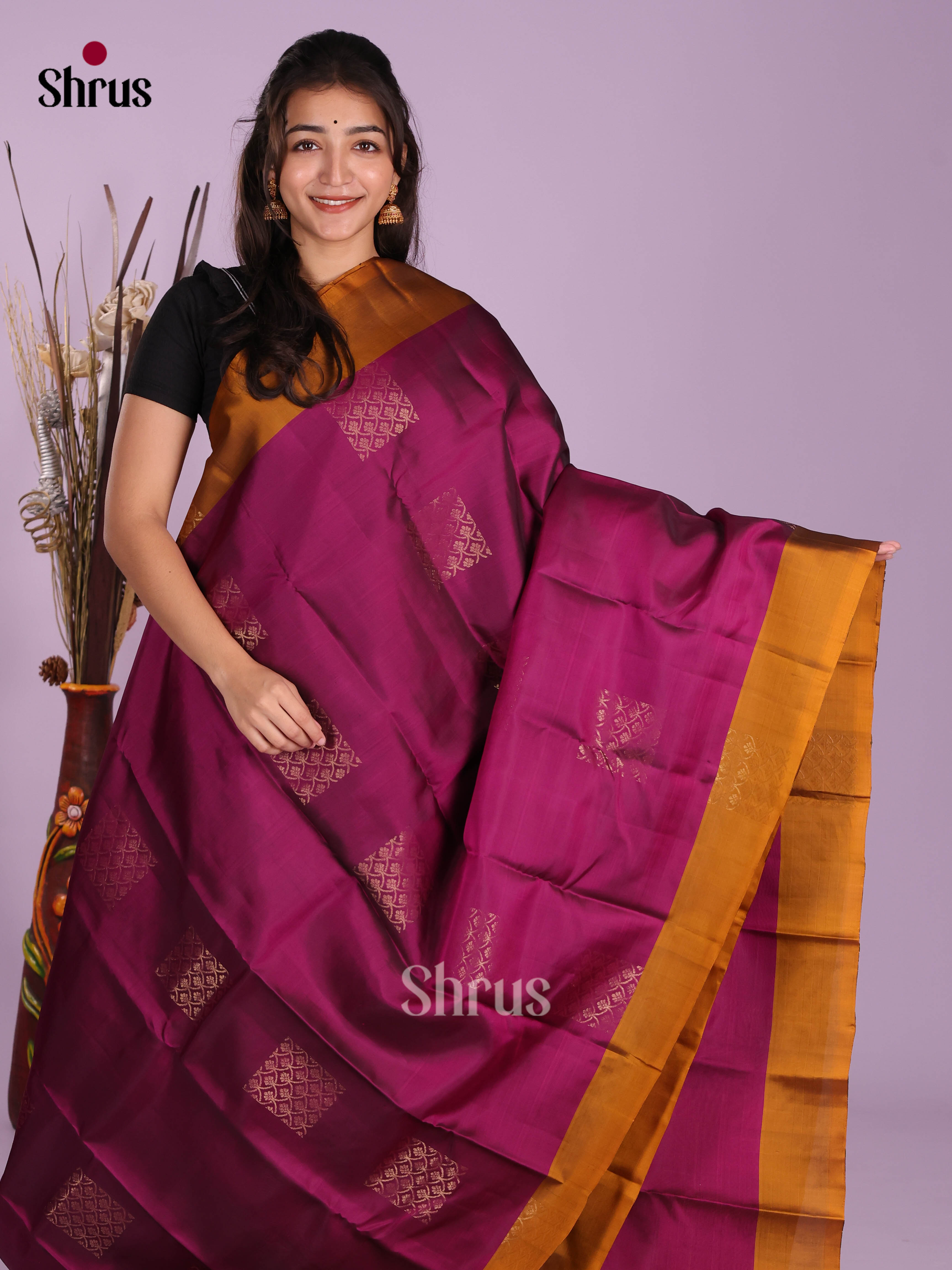 Purple & Mustard - Softsilk-halfpure Saree - Shop on Shrus.com