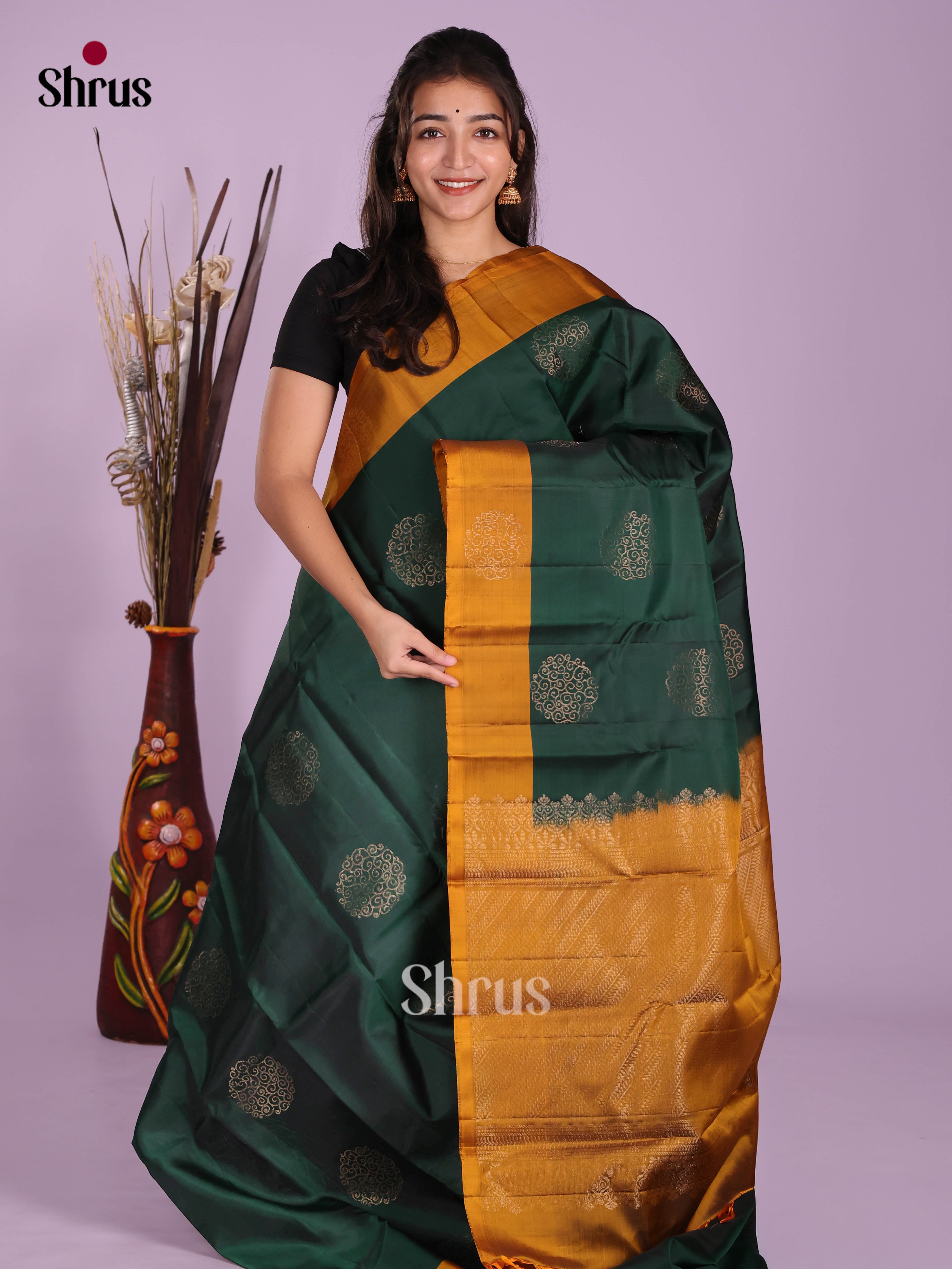 Green & Mustard - Softsilk-halfpure Saree - Shop on Shrus.com