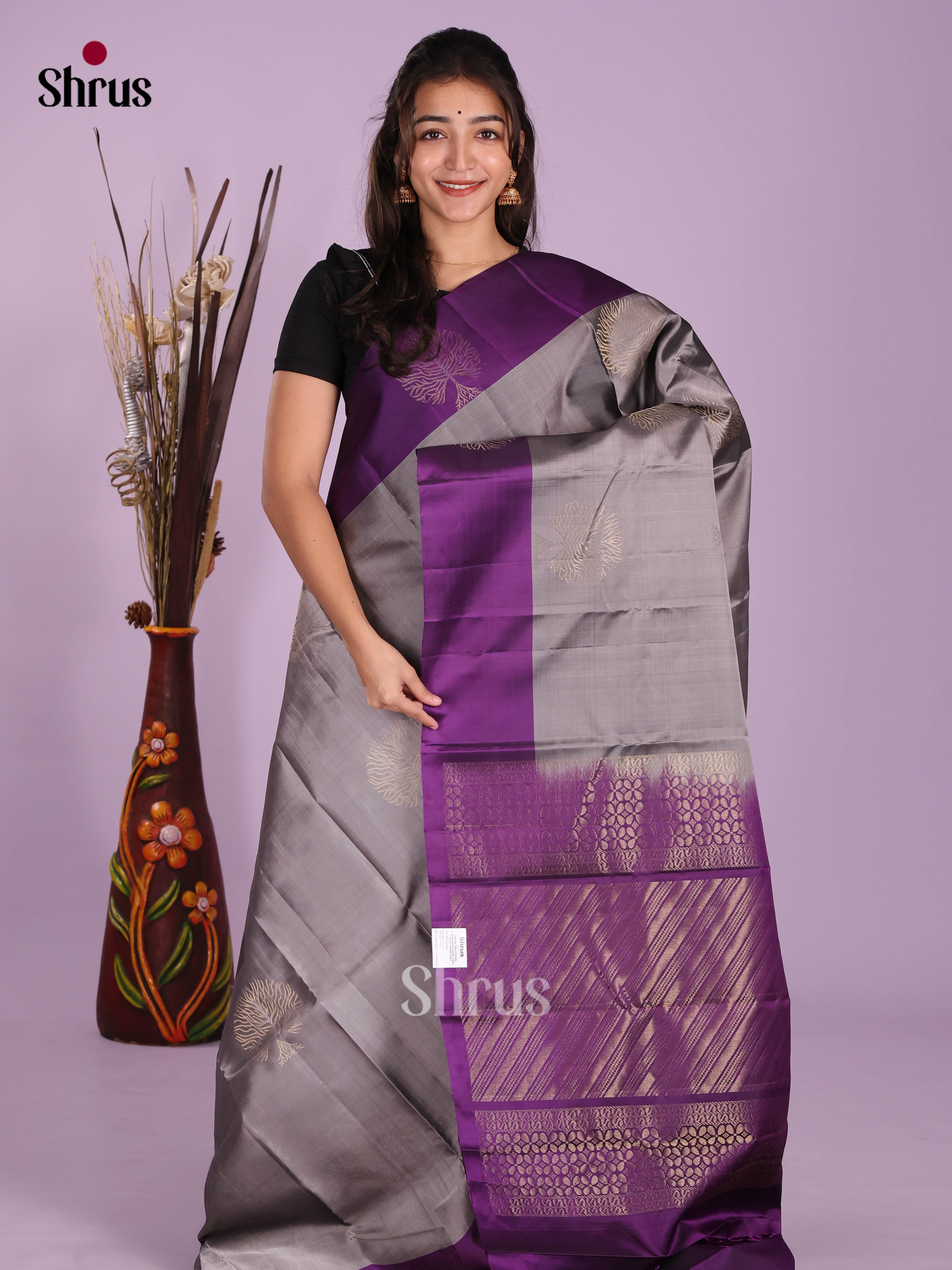 Grey & Violet - Softsilk-halfpure Saree