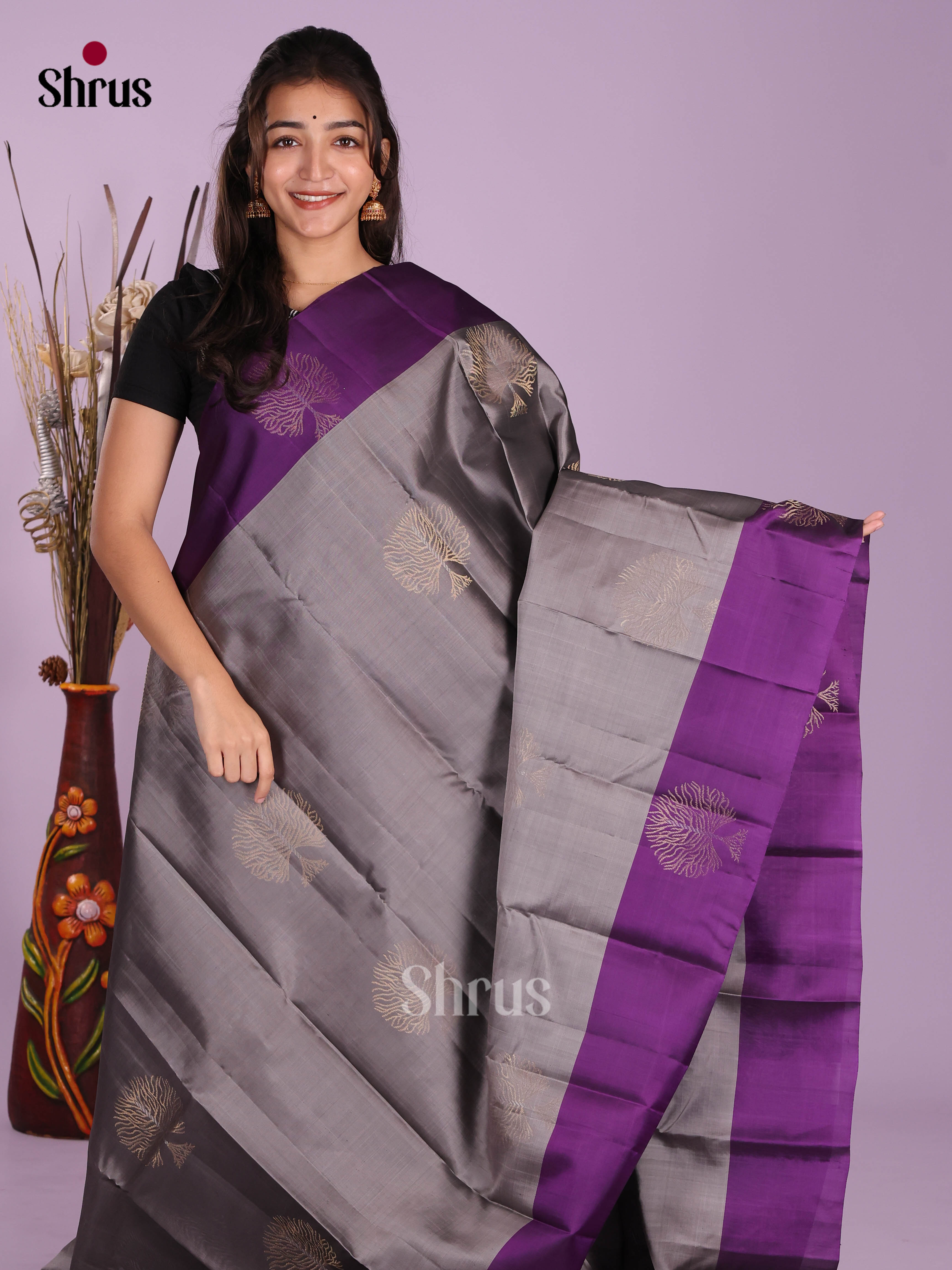 Grey & Violet - Softsilk-halfpure Saree