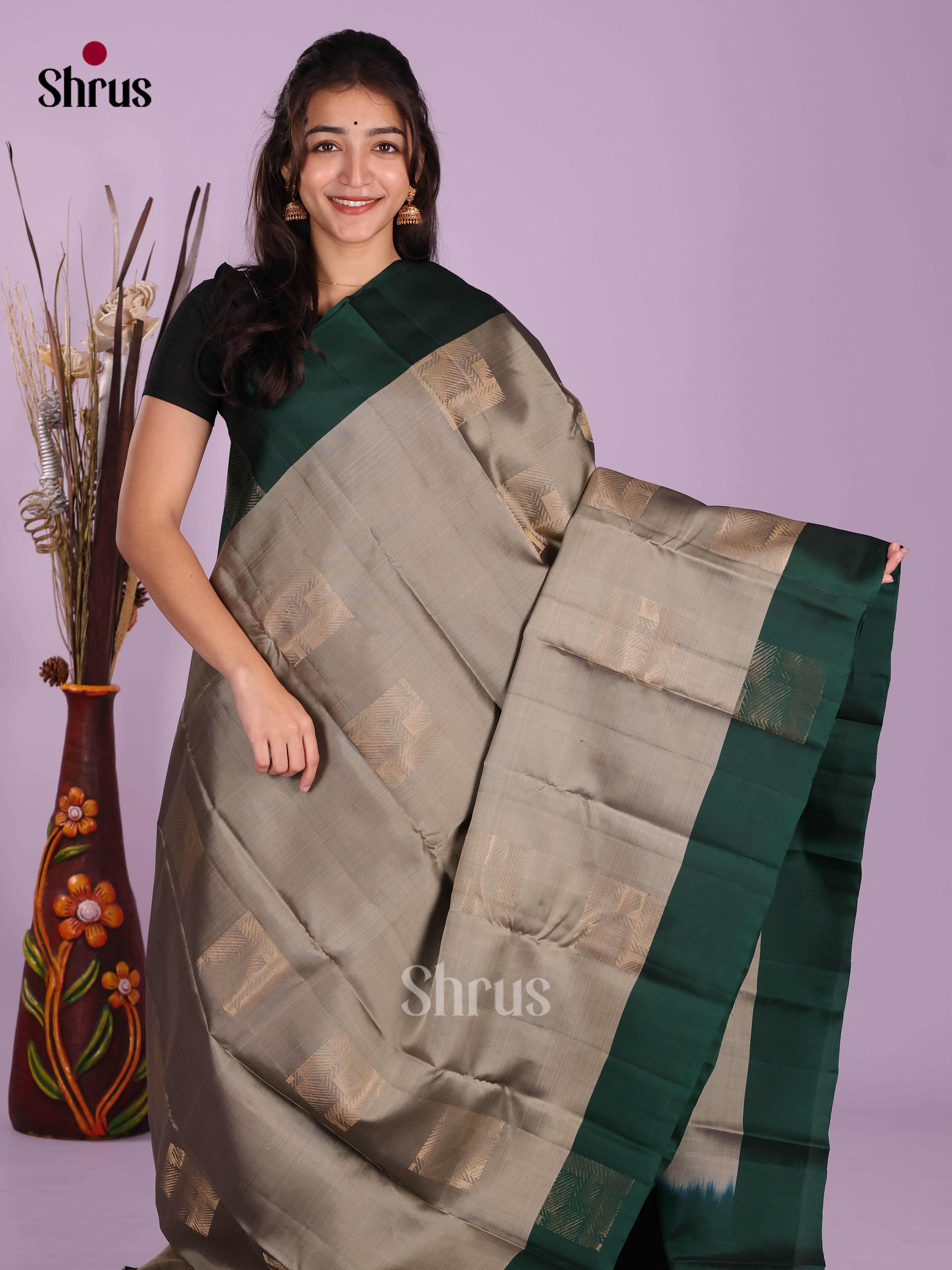 Grey & Green - Softsilk-halfpure Saree - Shop on Shrus.com