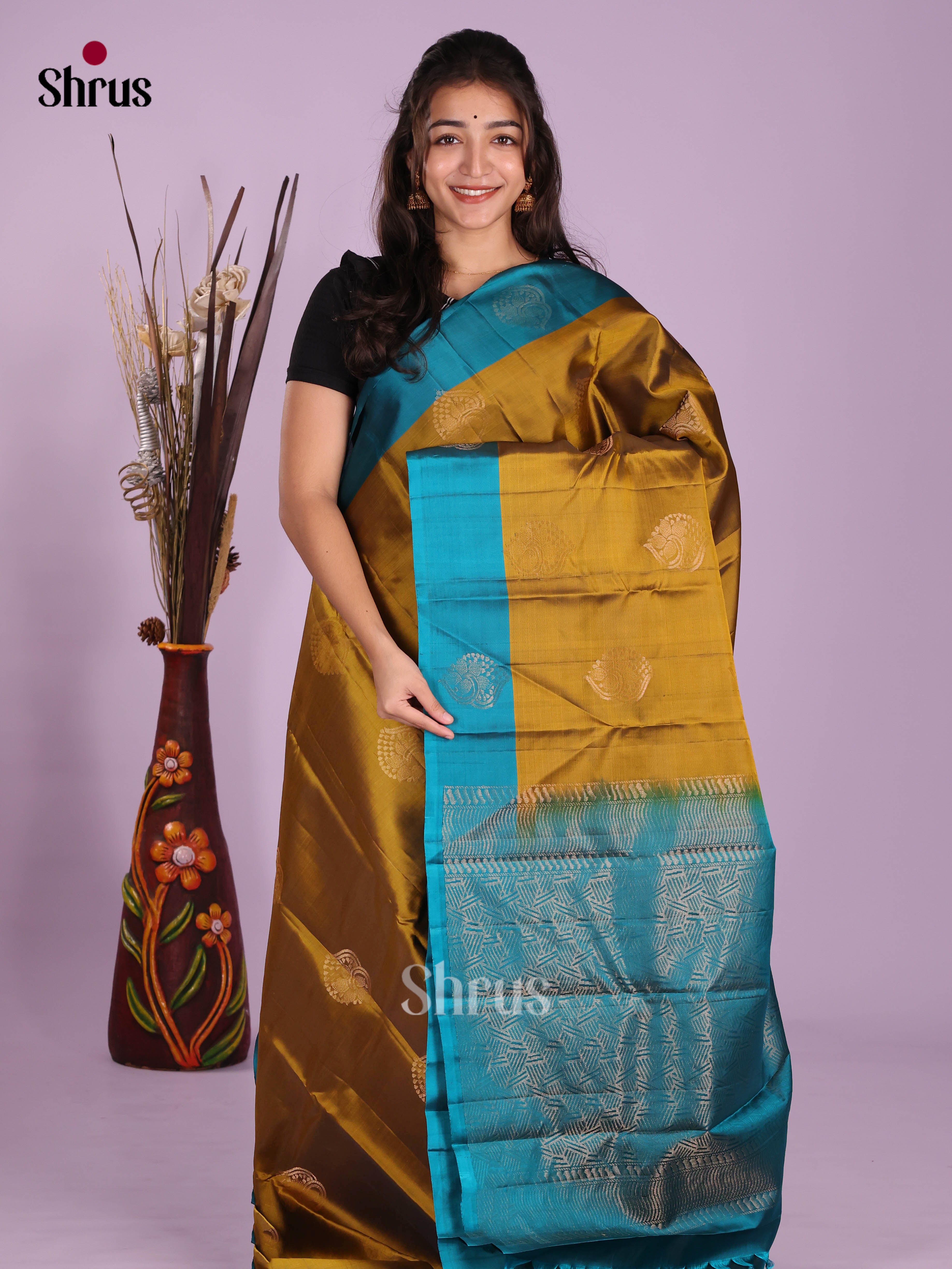 Mehandi & Blue - Softsilk-halfpure Saree