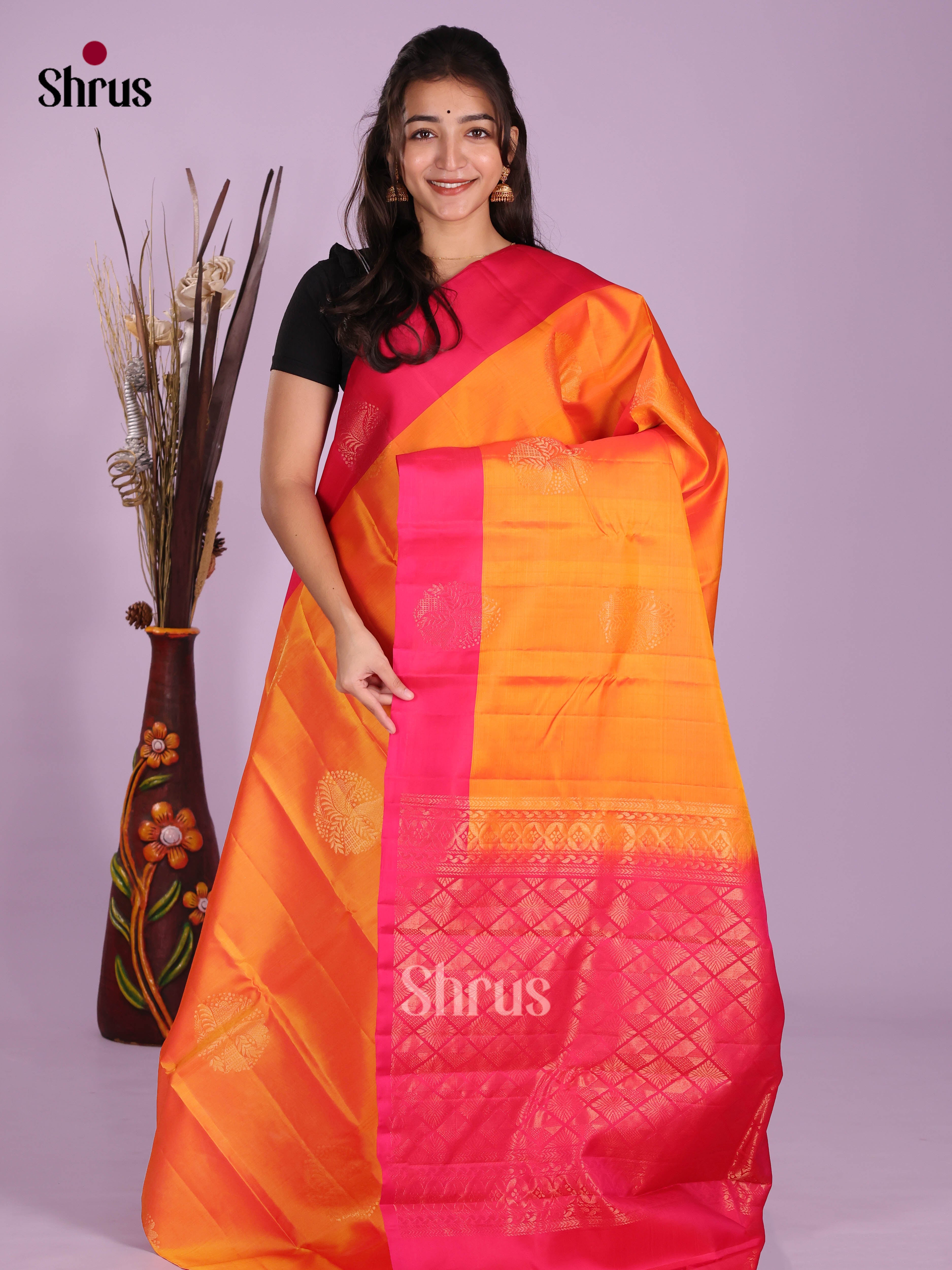Orange & Pink- Softsilk-halfpure Saree