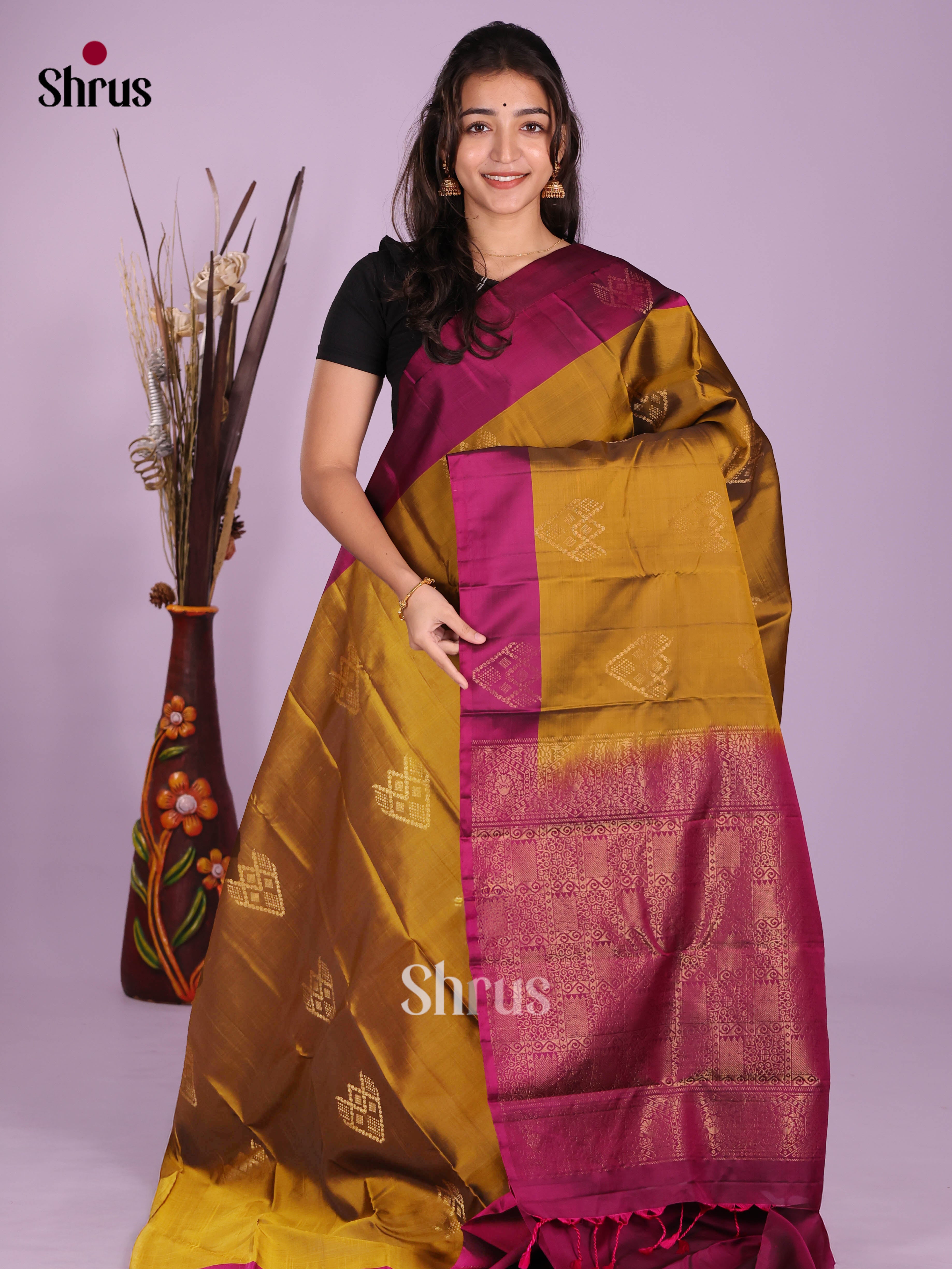 Mustard & Maroon - Softsilk-halfpure Saree