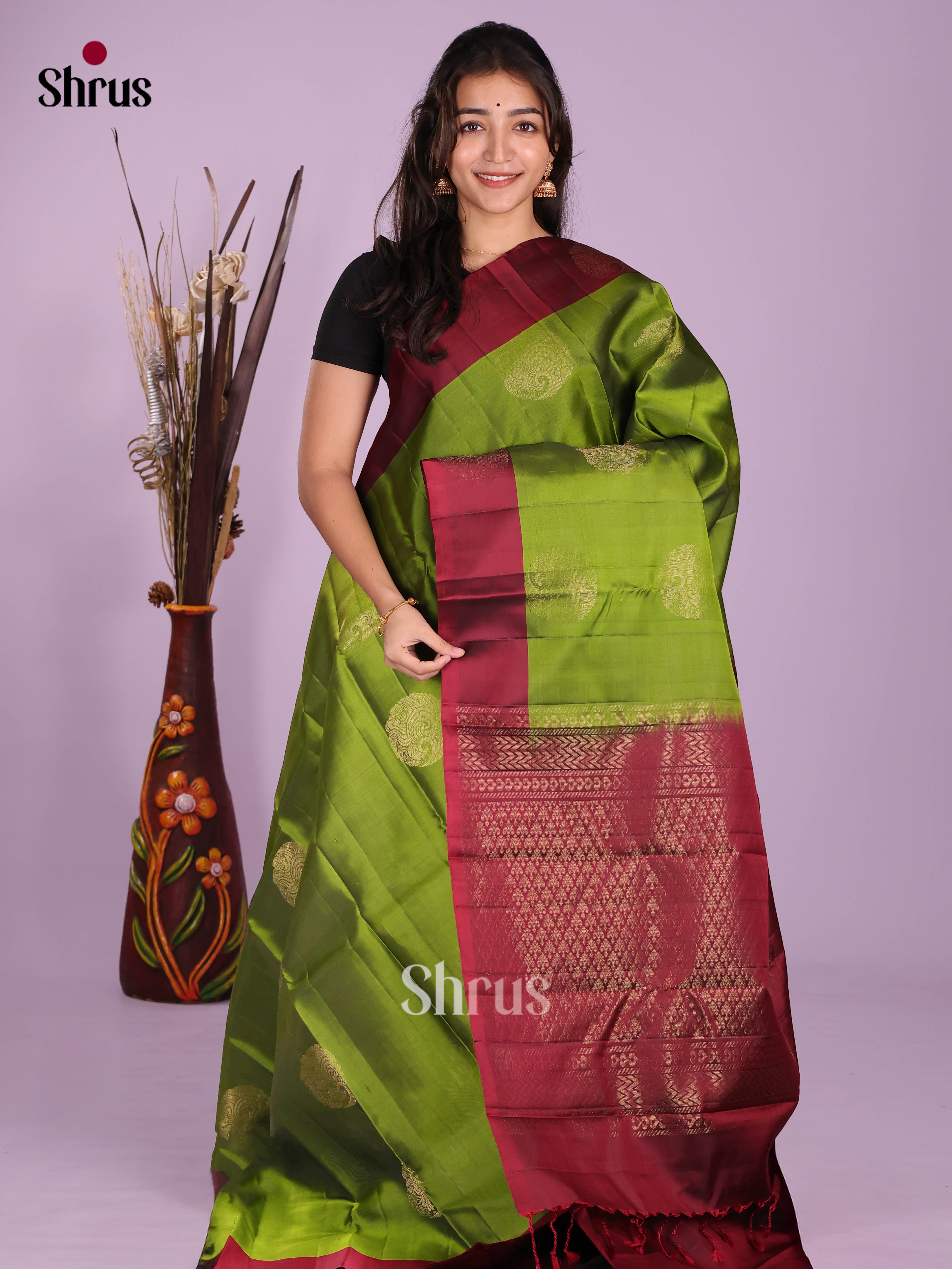Green & Maroon - Softsilk-halfpure Saree