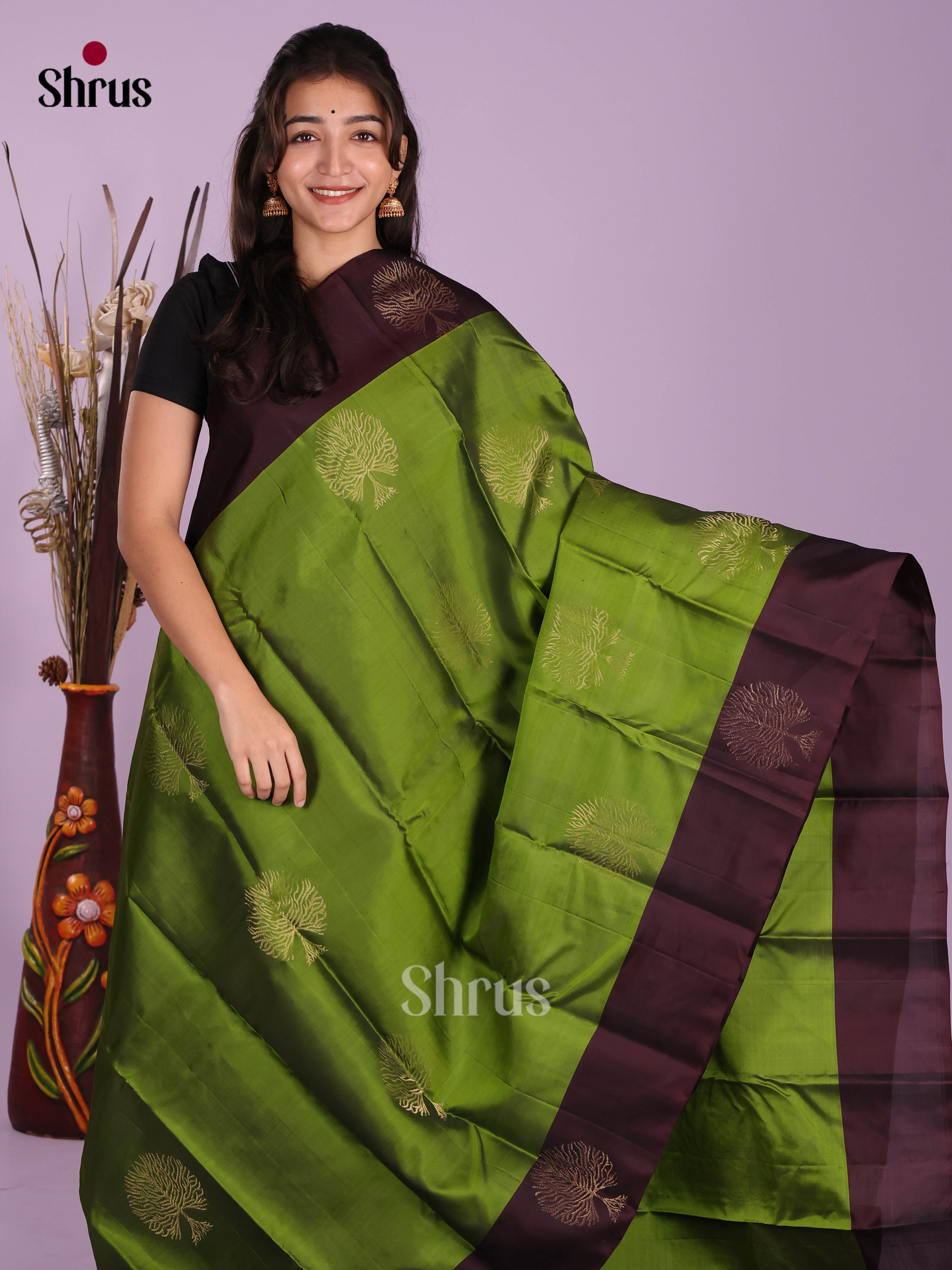 Green & Brown - Softsilk-halfpure Saree