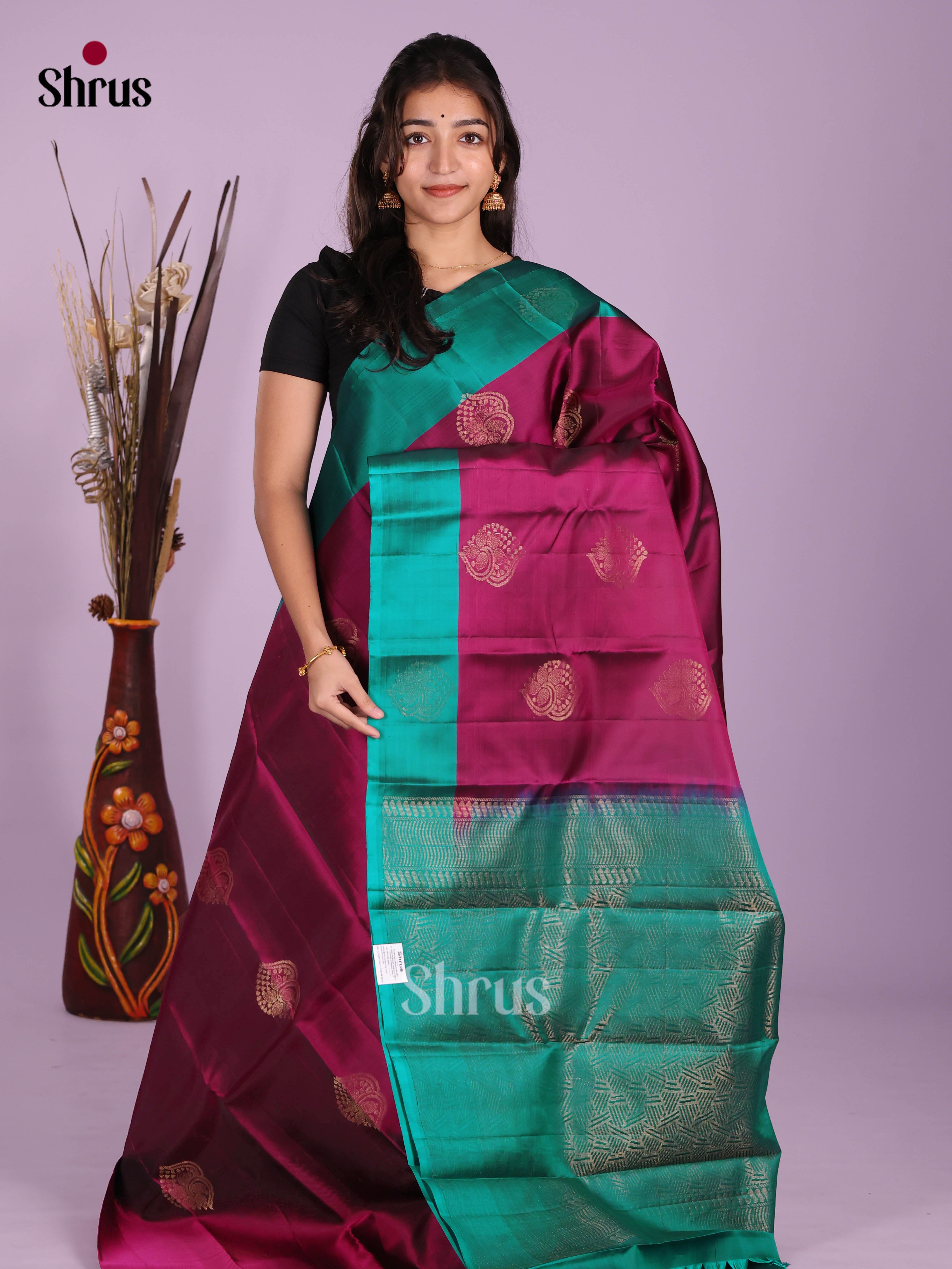 Maroon & Green- Softsilk-halfpure Saree