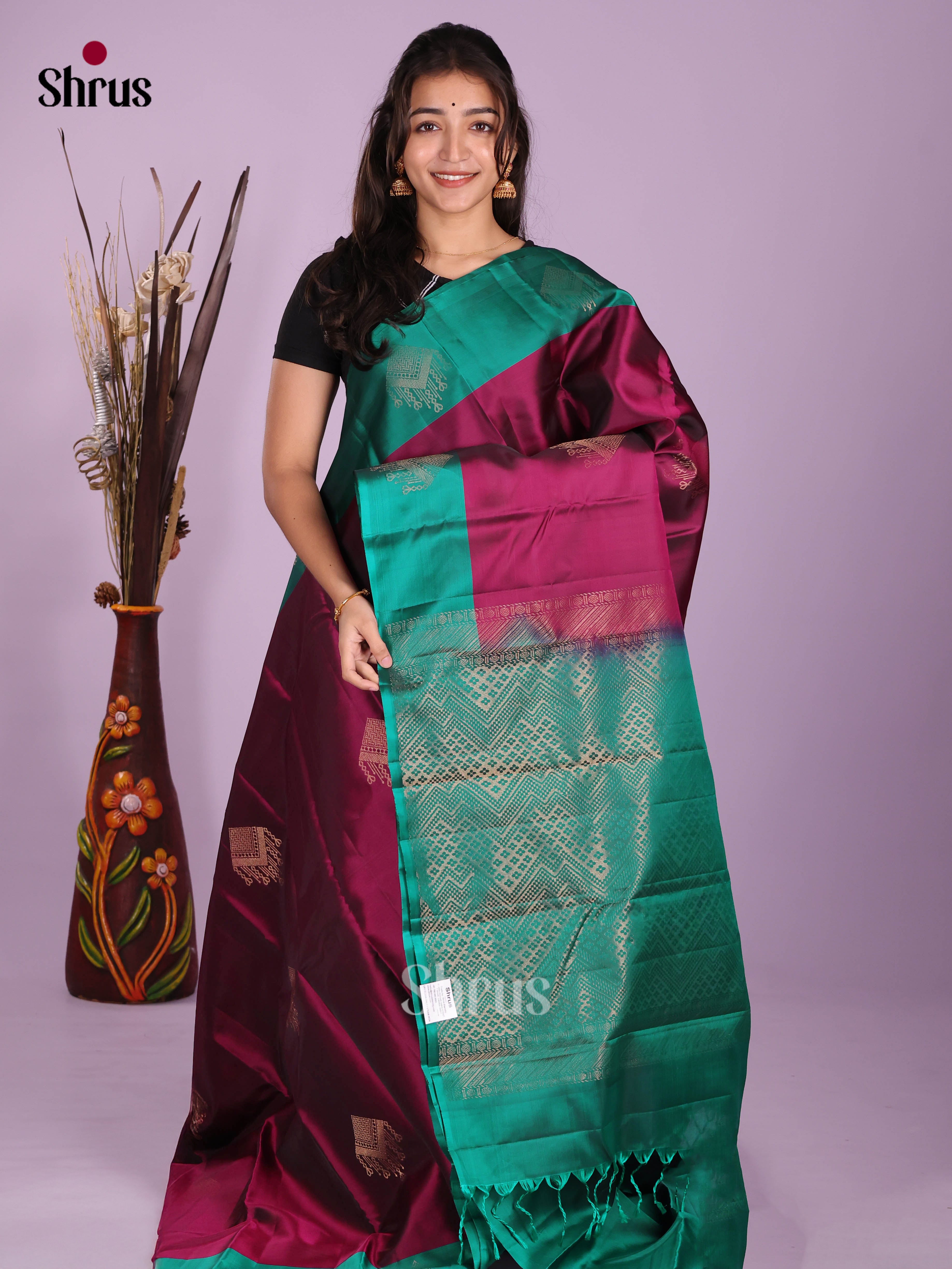 Maroon & Green - Softsilk-halfpure Saree