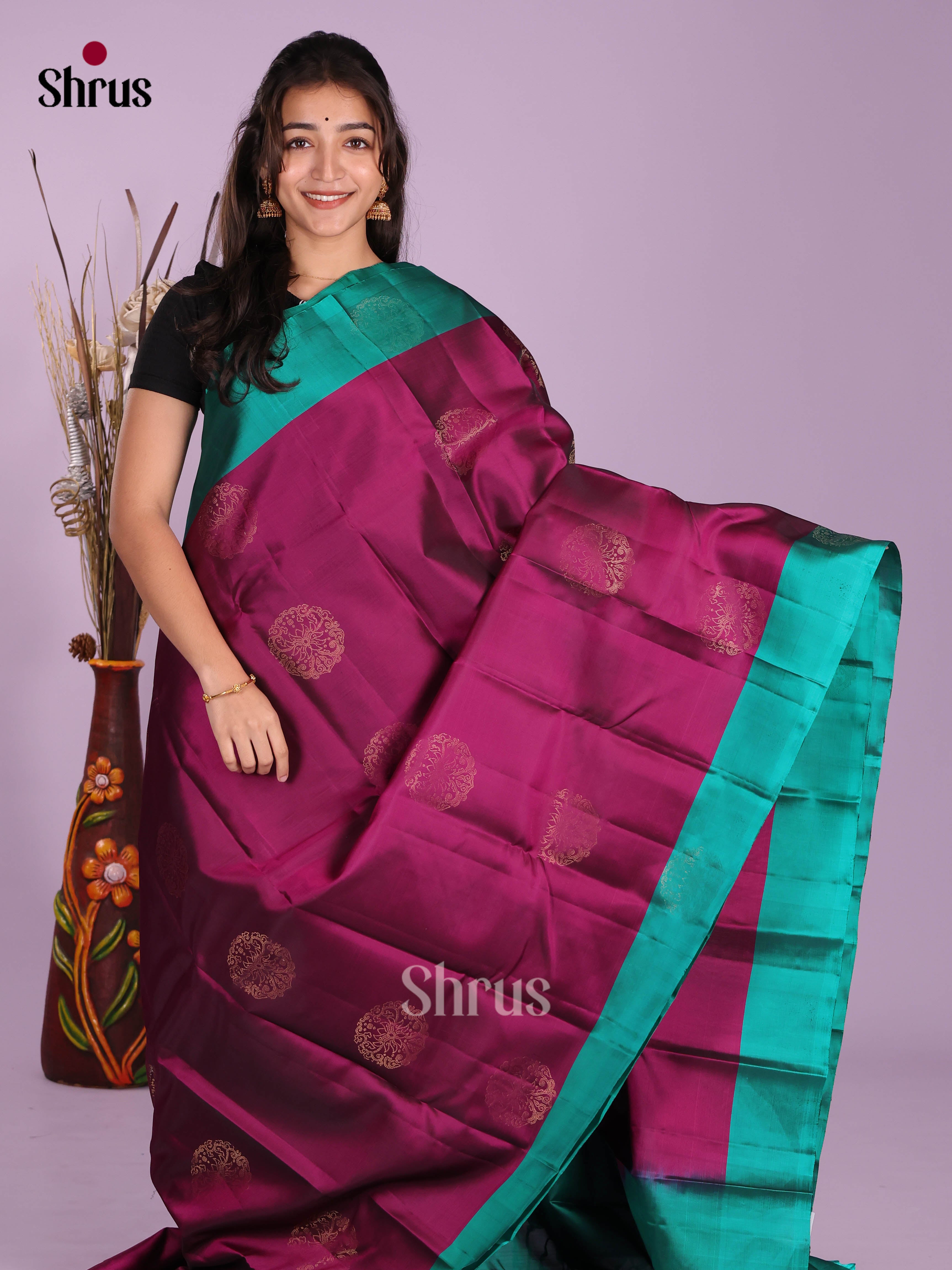 Wine & Green - Softsilk-halfpure Saree