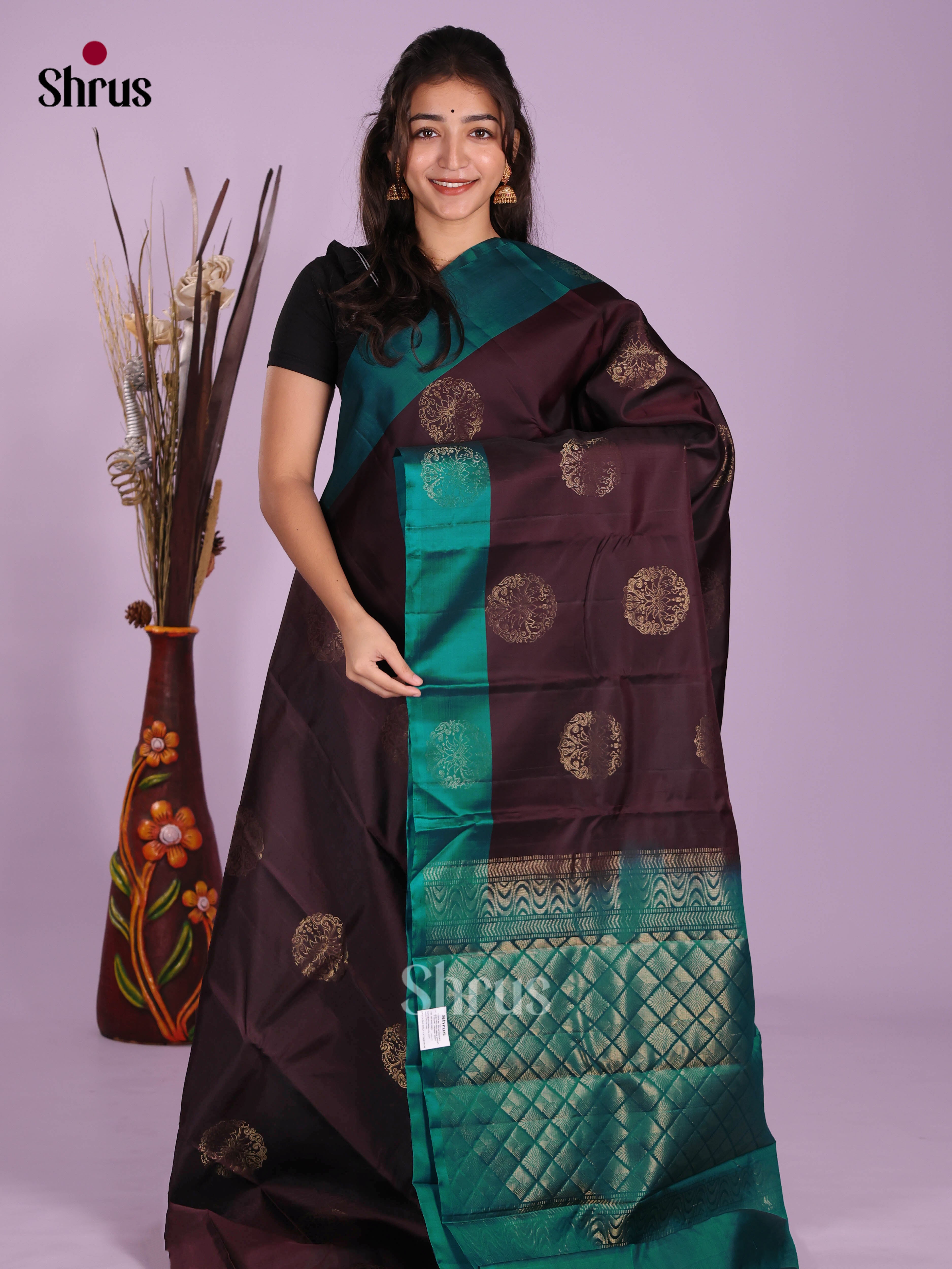 Brown & Green - Softsilk-halfpure Saree
