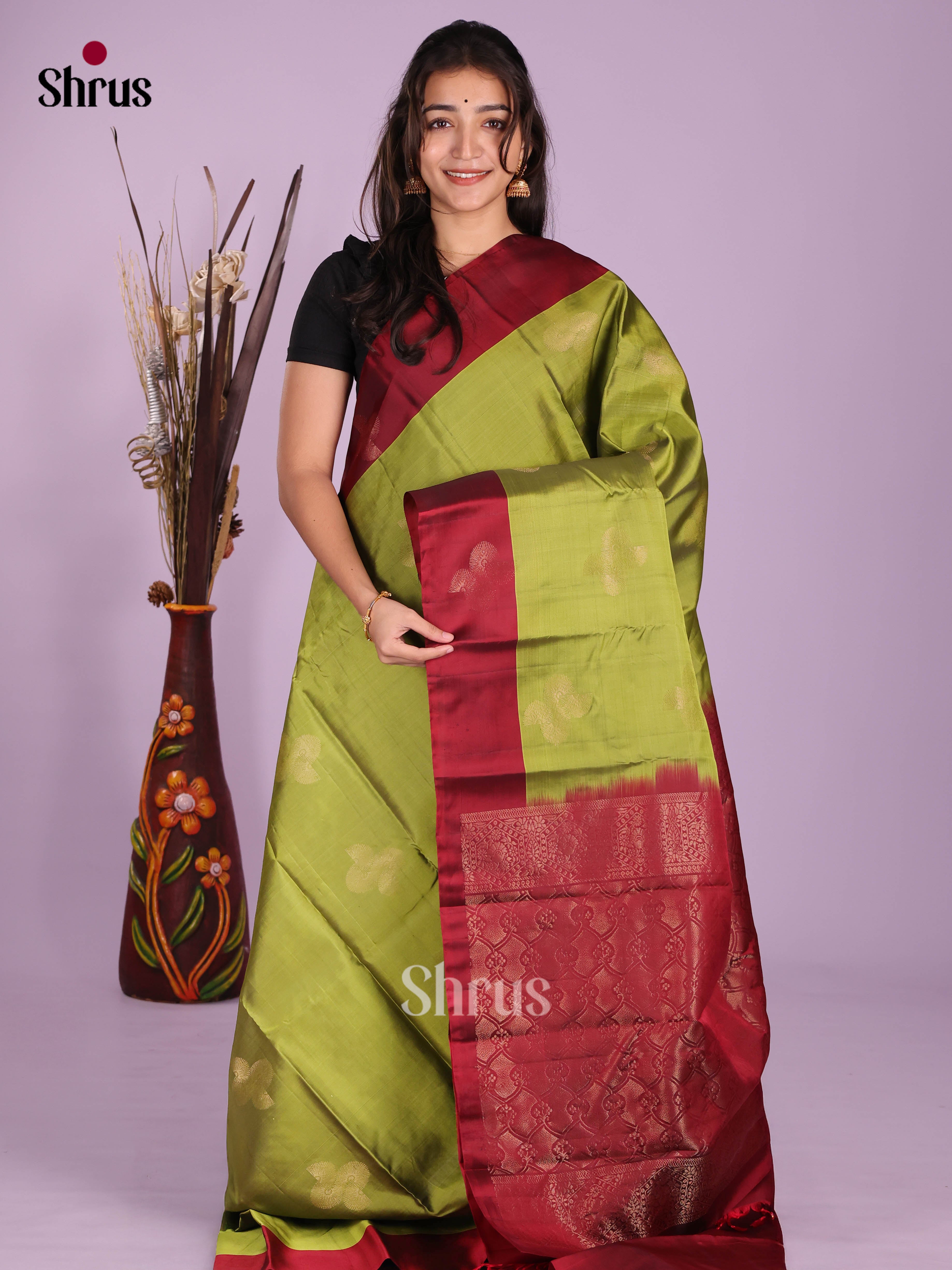 Green & Maroon - Softsilk-halfpure Saree