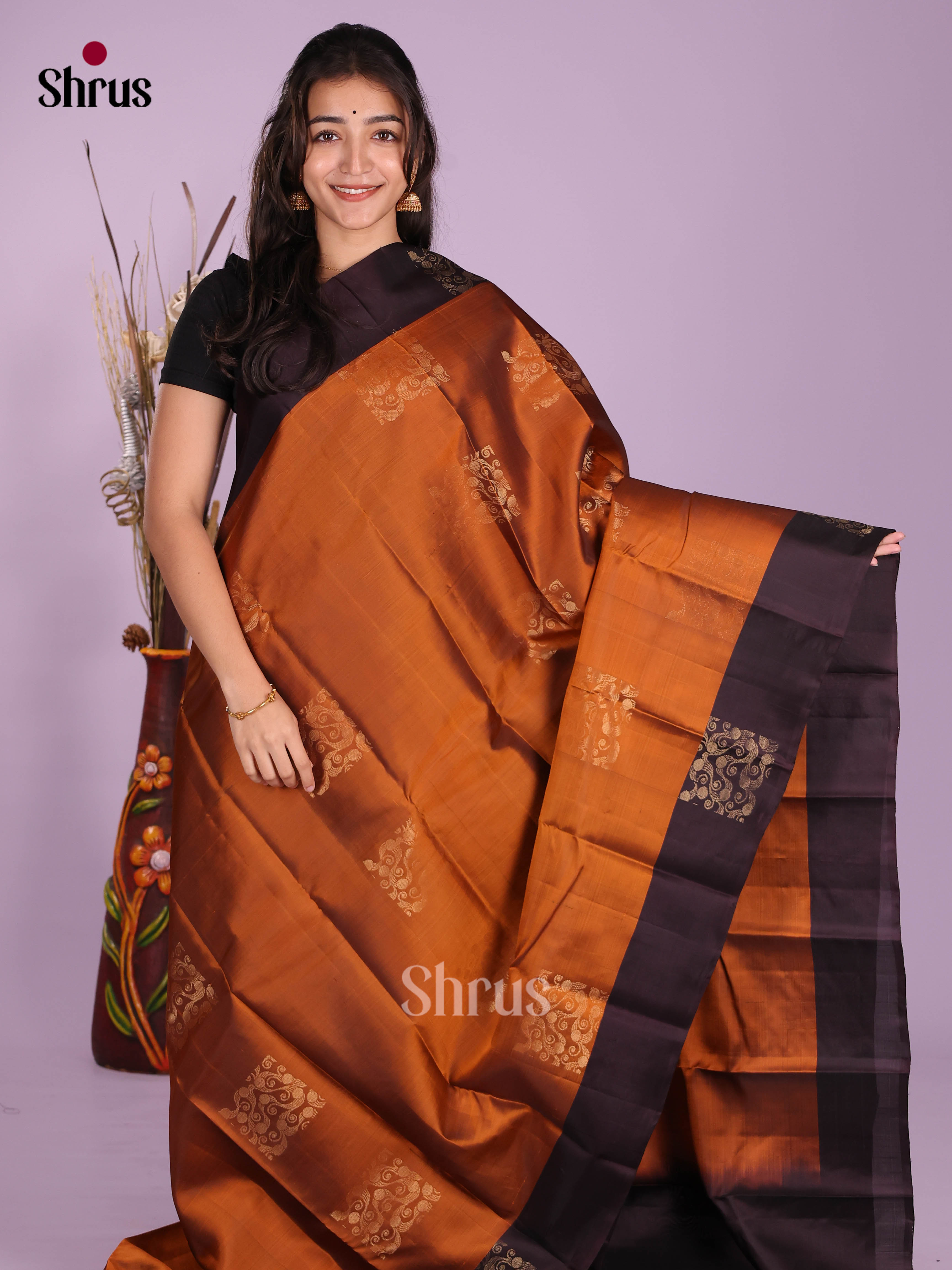 Rust & Brown- Softsilk-halfpure Saree - Shop on Shrus.com