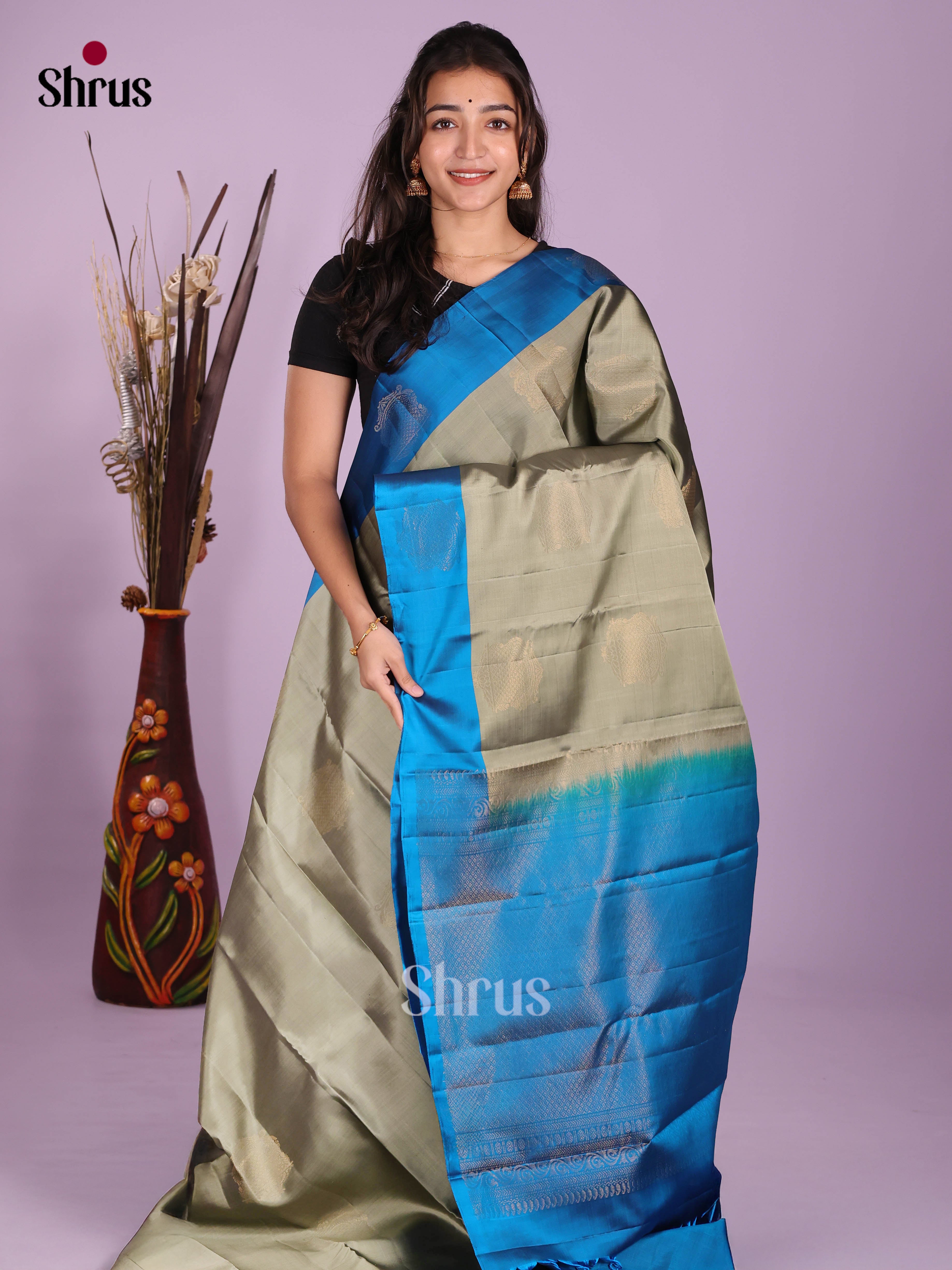 Grey & Blue - Softsilk-halfpure Saree - Shop on Shrus.com