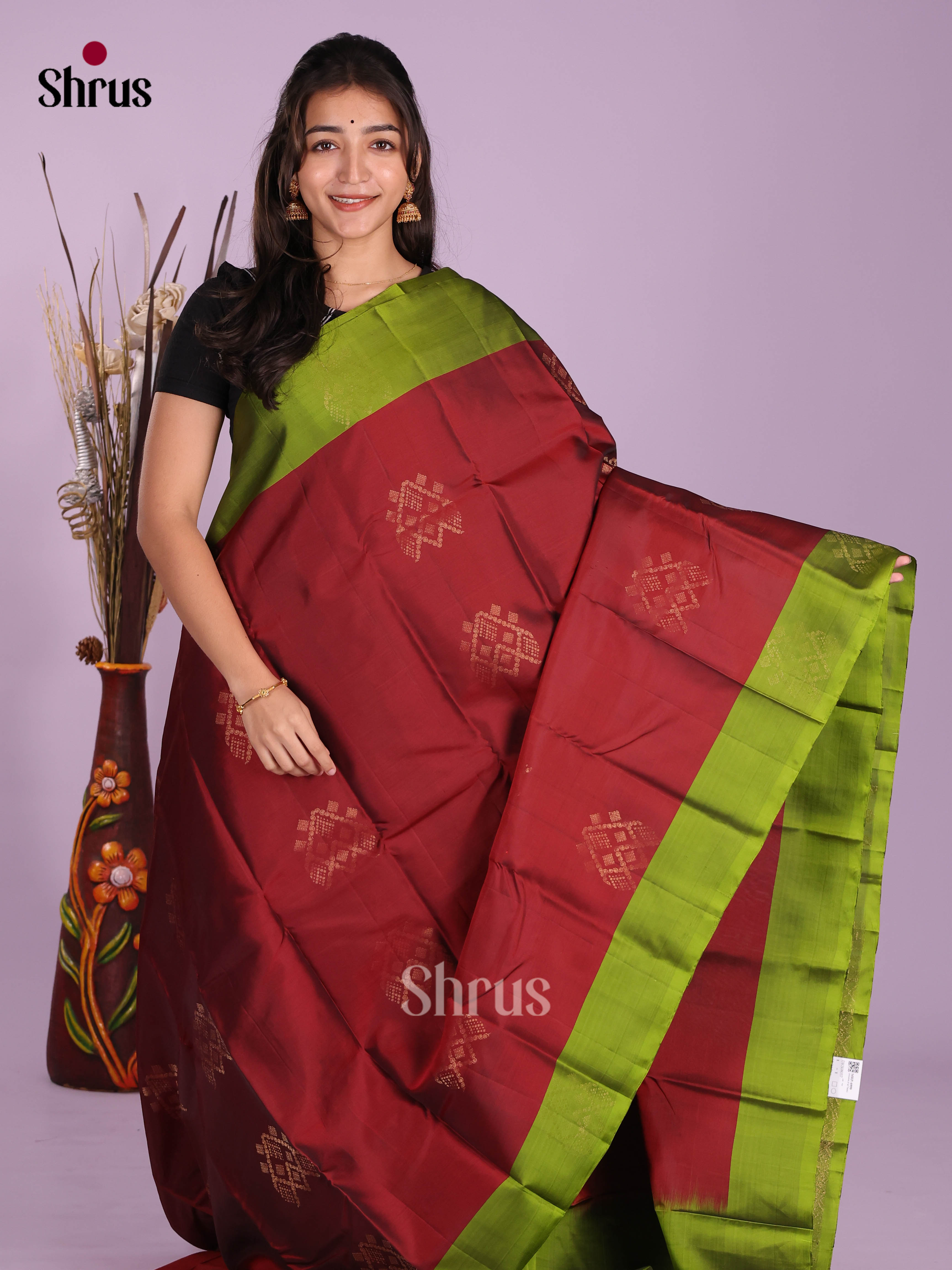 Maroon & Green - Softsilk-halfpure Saree