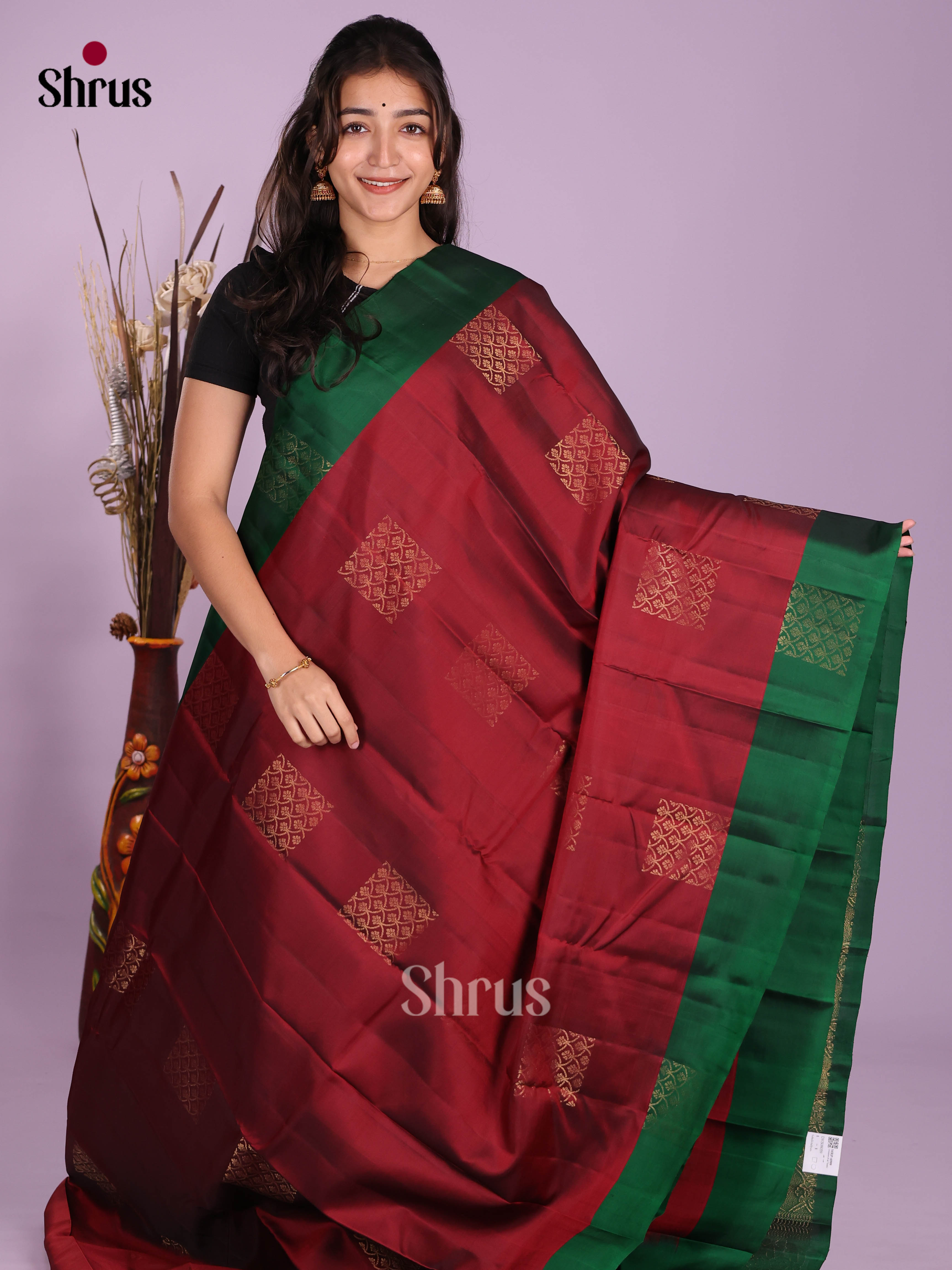 Maroon & Green - Softsilk-halfpure Saree