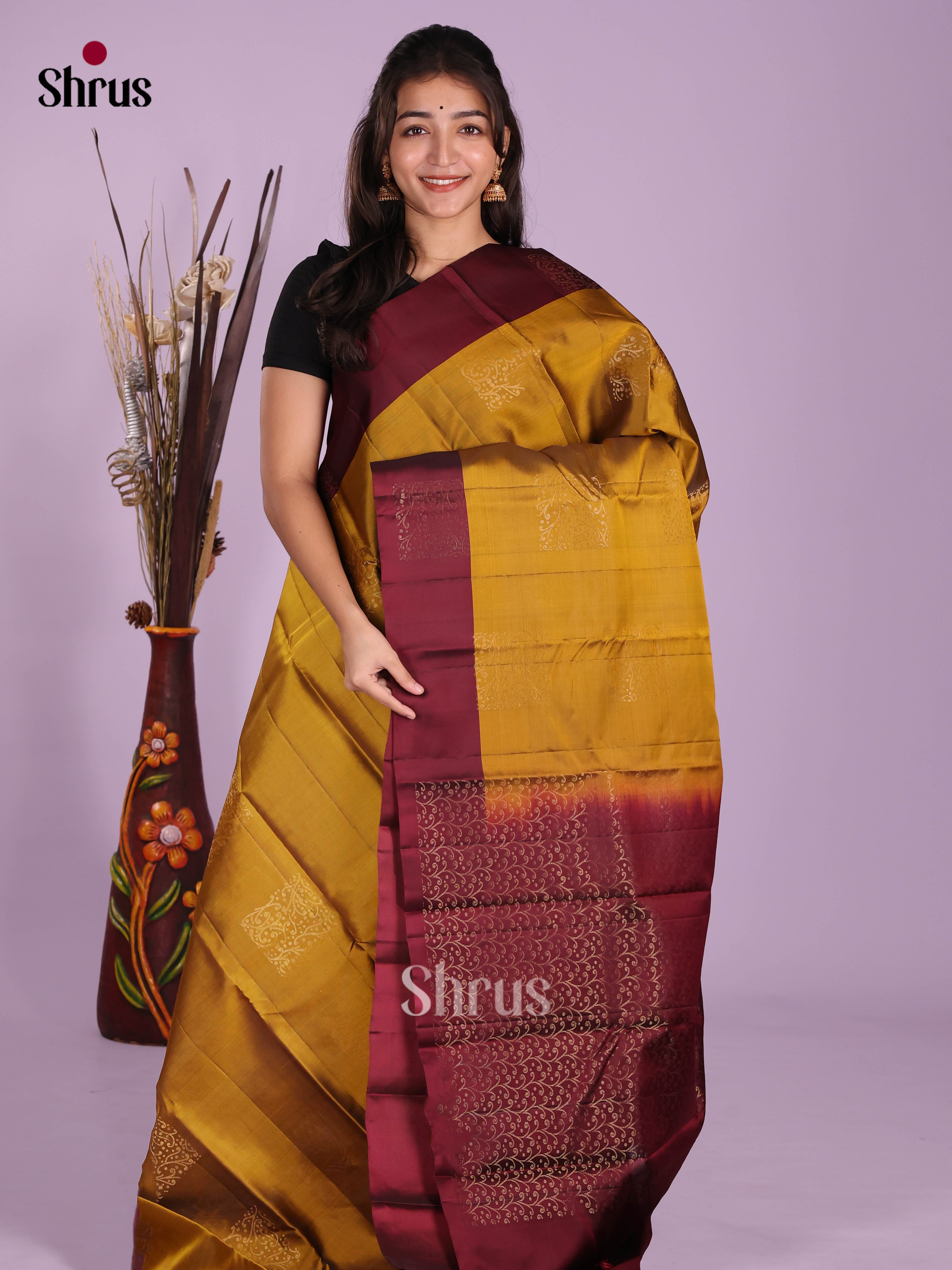 Mustard & Maroon - Softsilk-halfpure Saree