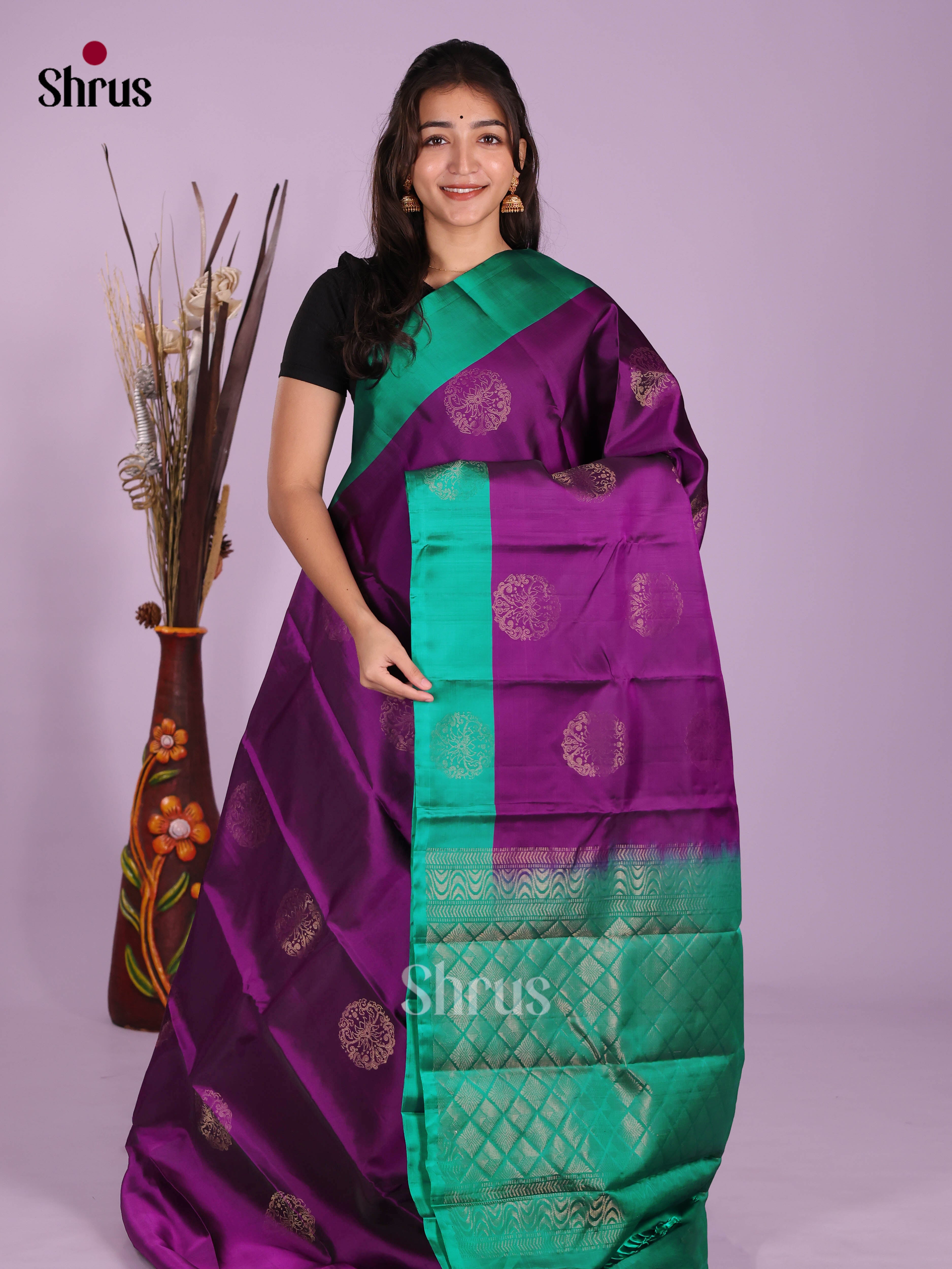 Violet & Green - Softsilk-halfpure Saree