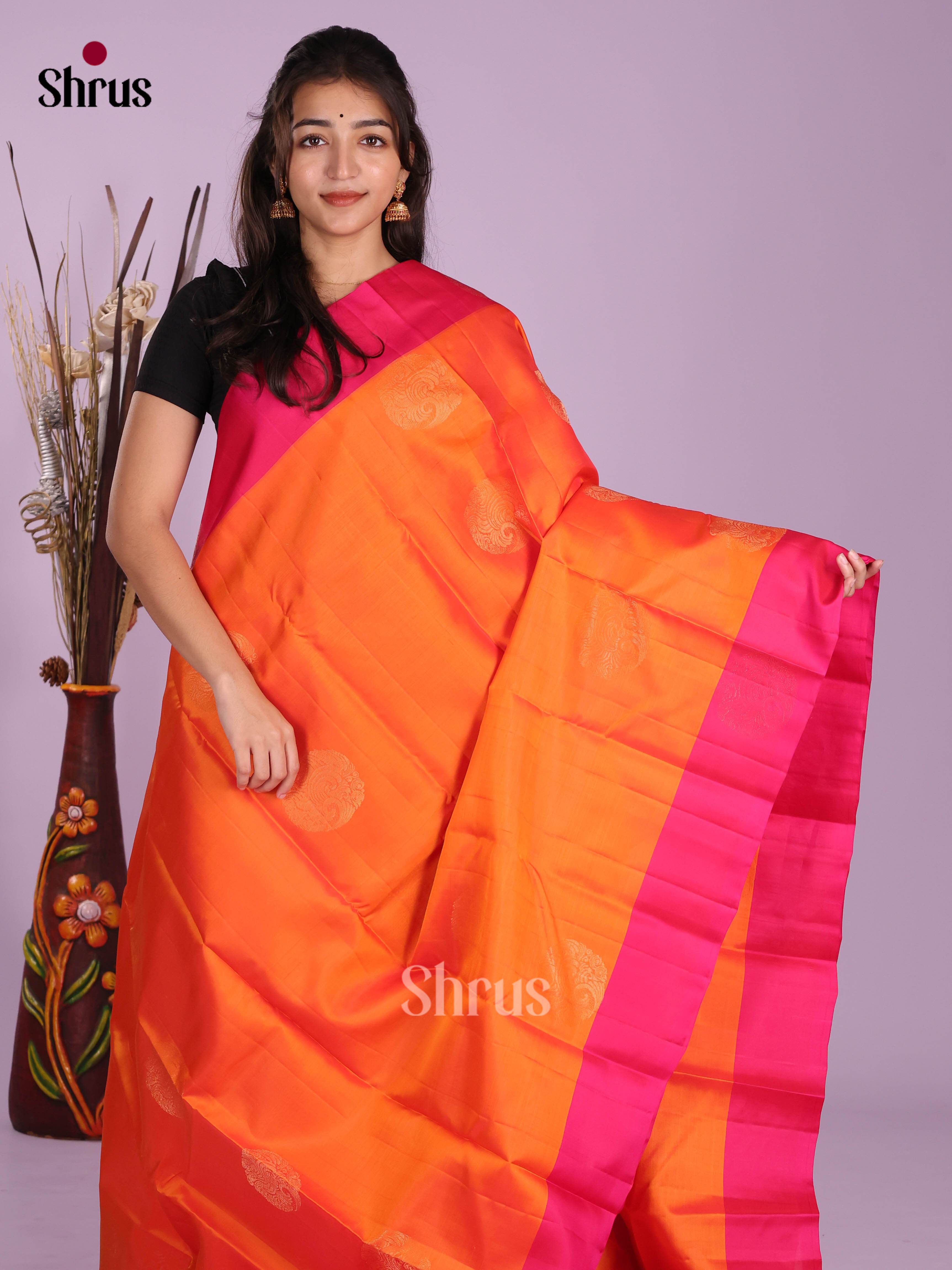 Orange & Pink - Softsilk-halfpure Saree - Shop on Shrus.com