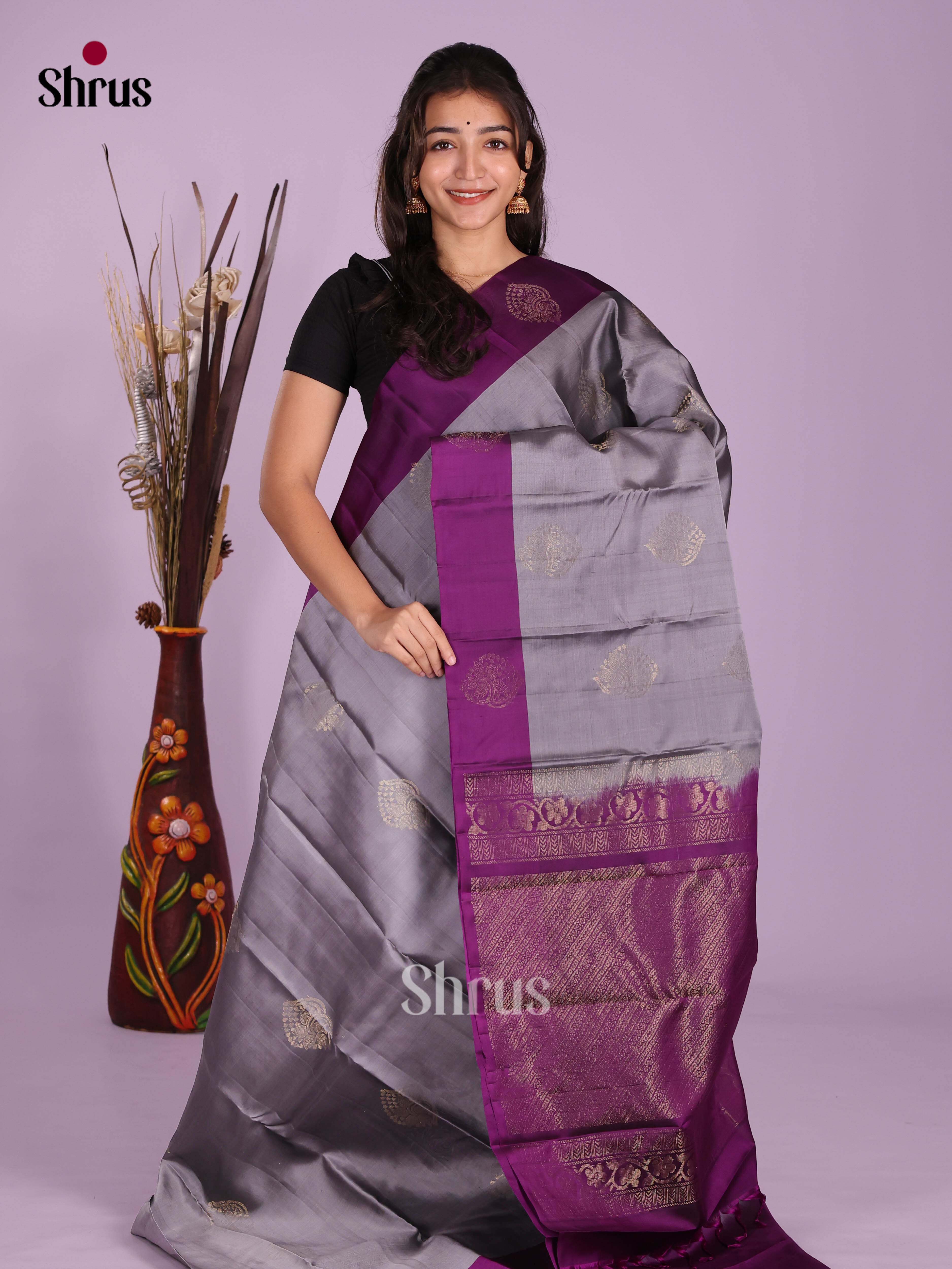 Grey & Violet  - Softsilk-halfpure Saree