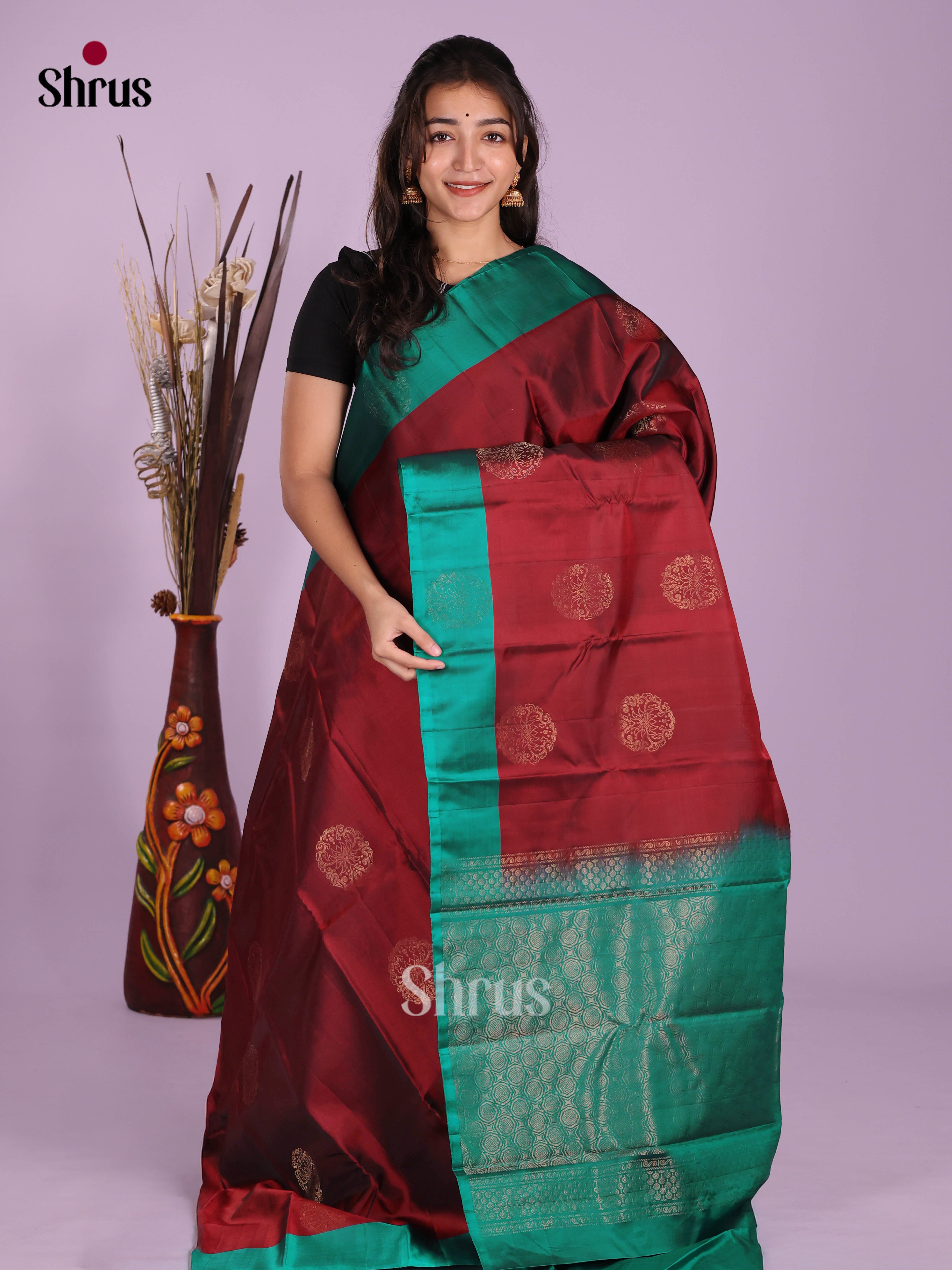 Maroon & Green - Softsilk-halfpure Saree