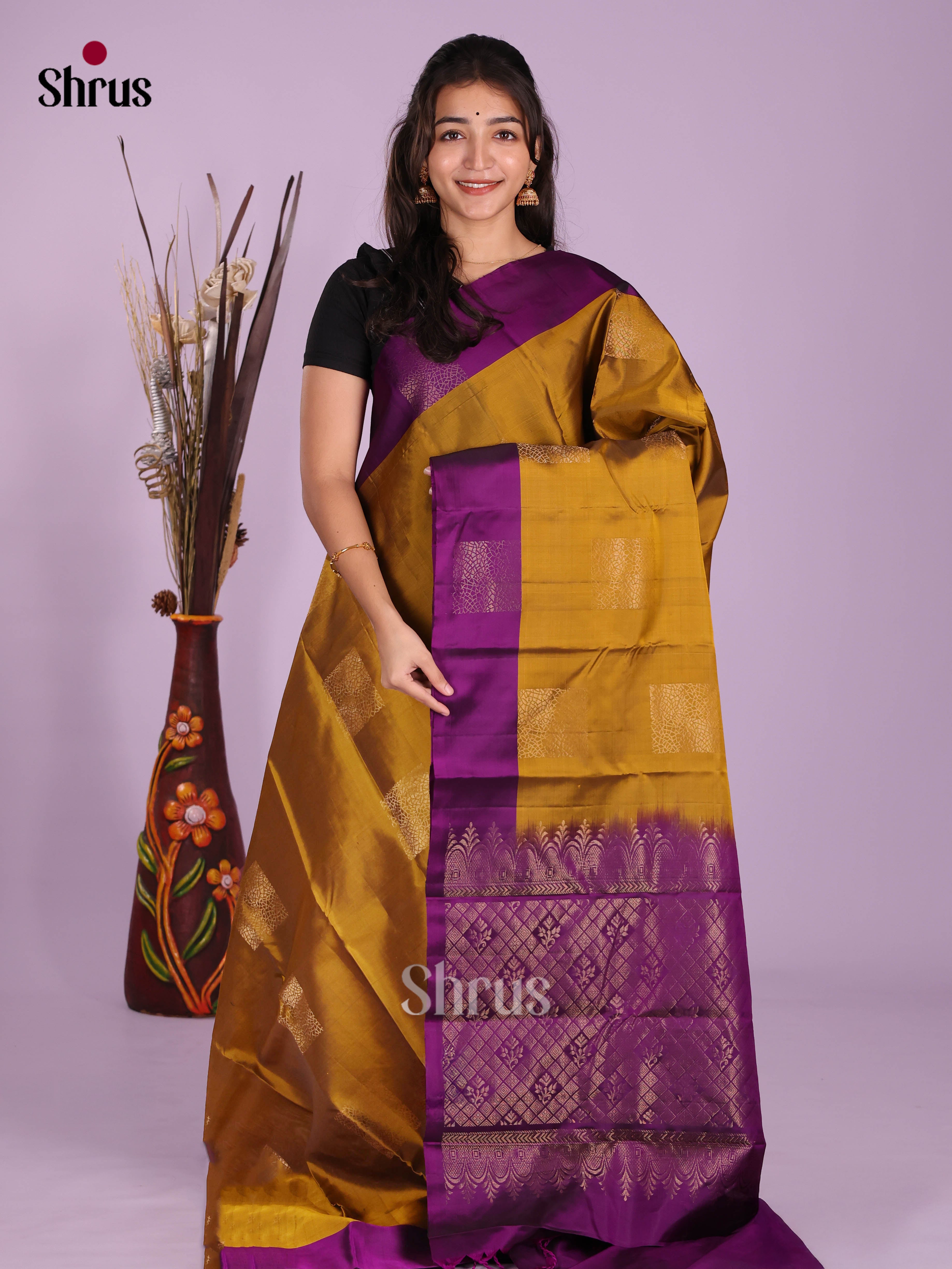 Mehandi & Violet- Softsilk-halfpure Saree