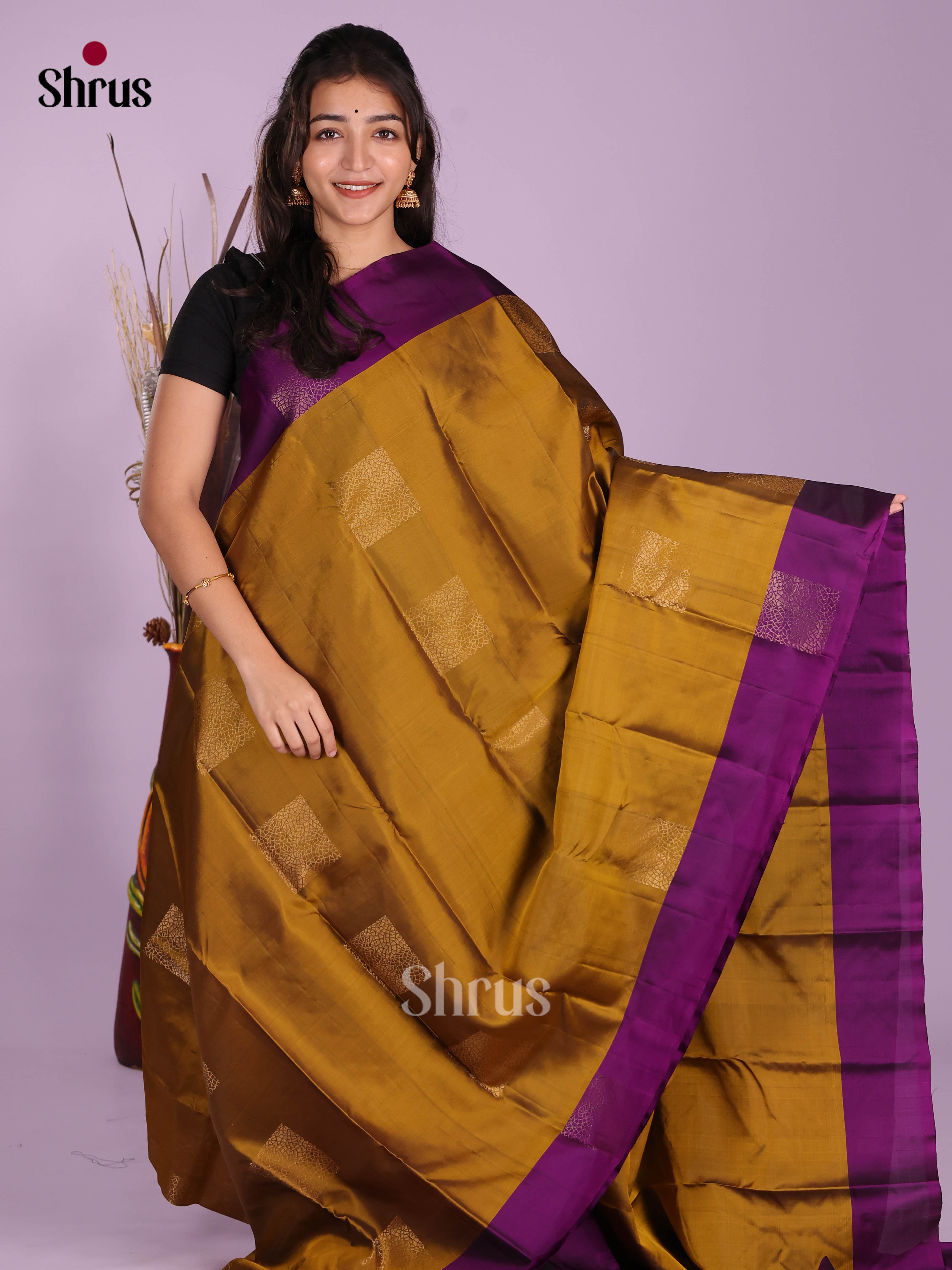 Mehandi & Violet- Softsilk-halfpure Saree