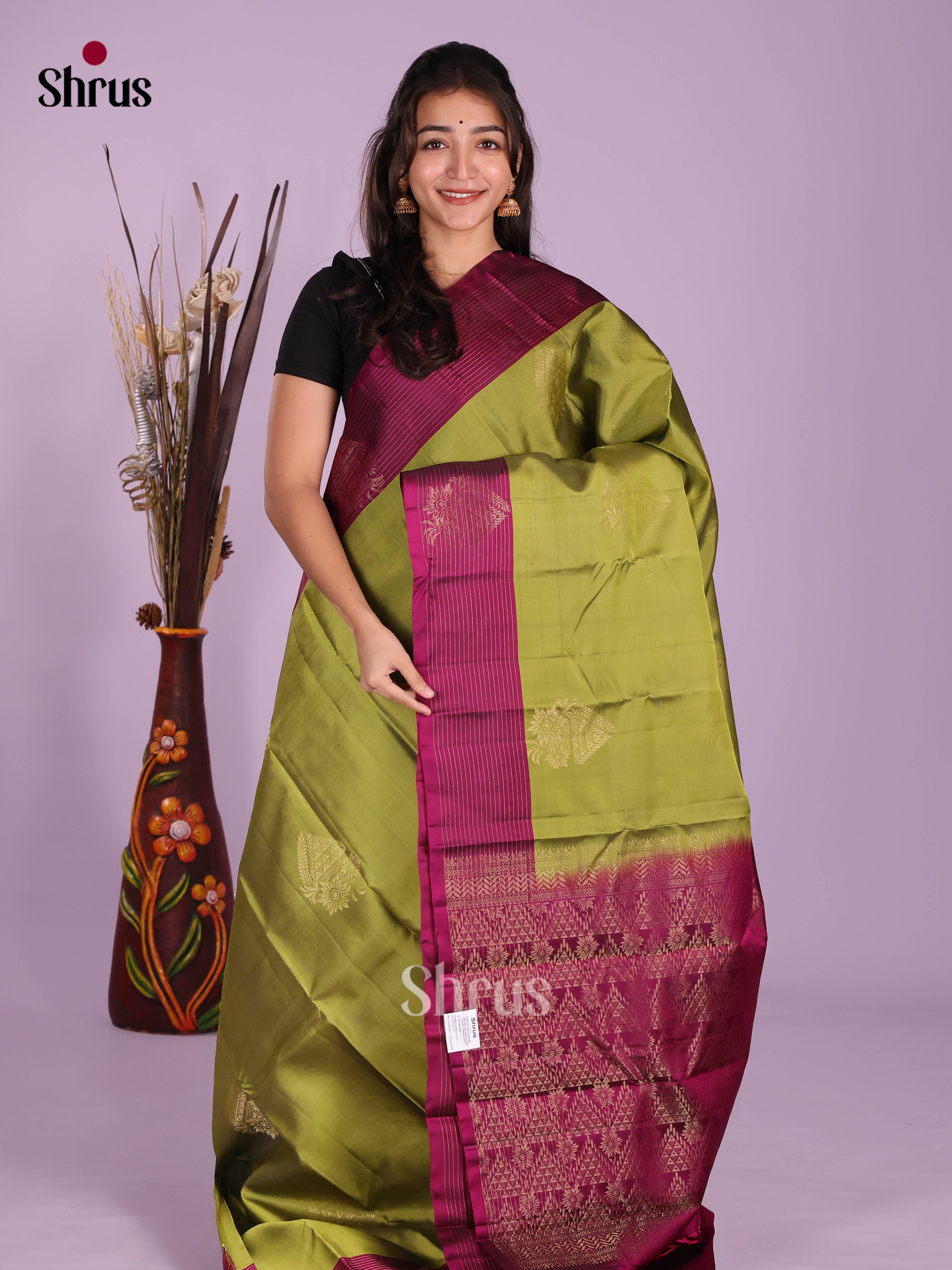 Green & Maroon - Softsilk-halfpure Saree