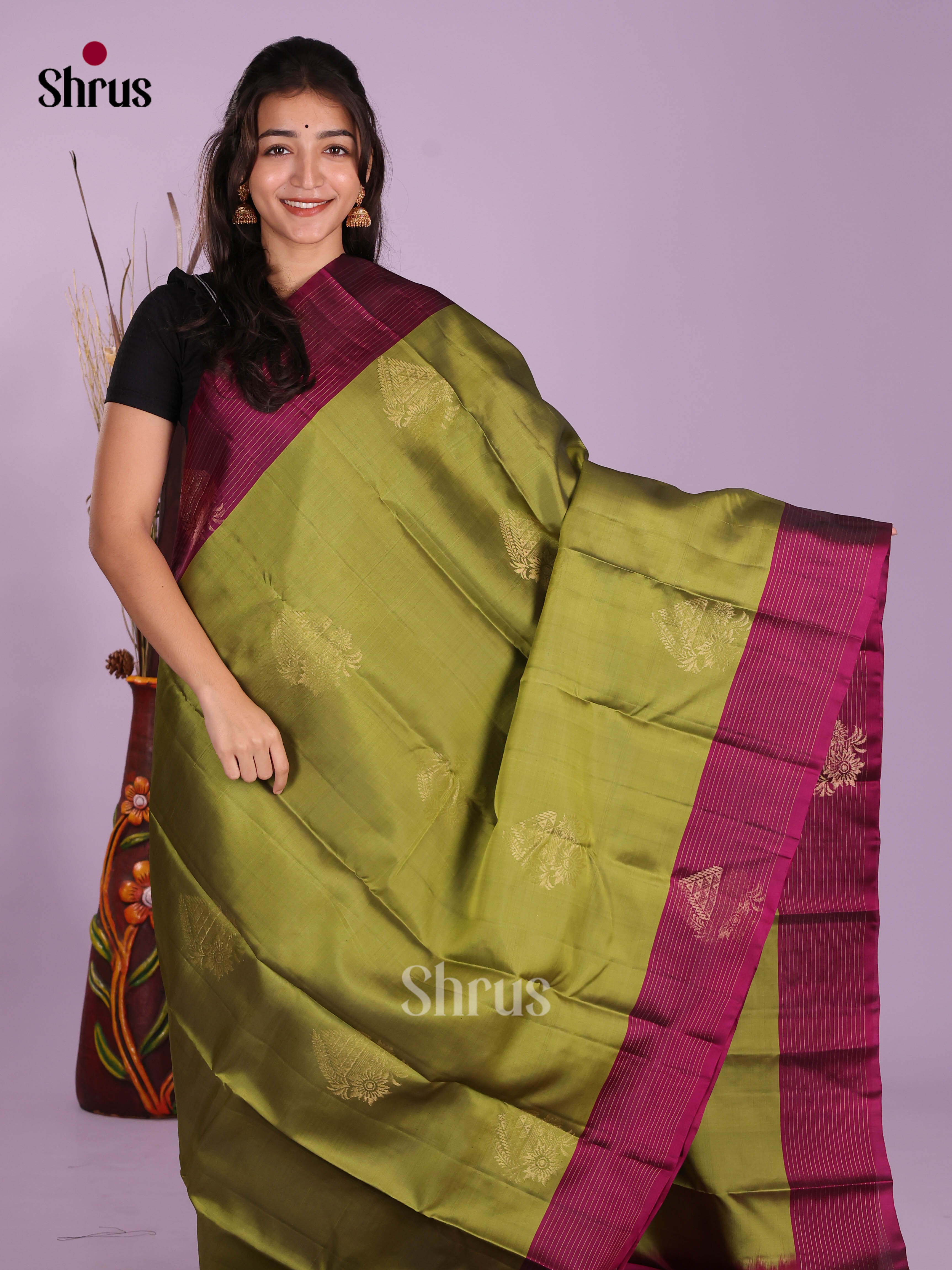 Green & Maroon - Softsilk-halfpure Saree