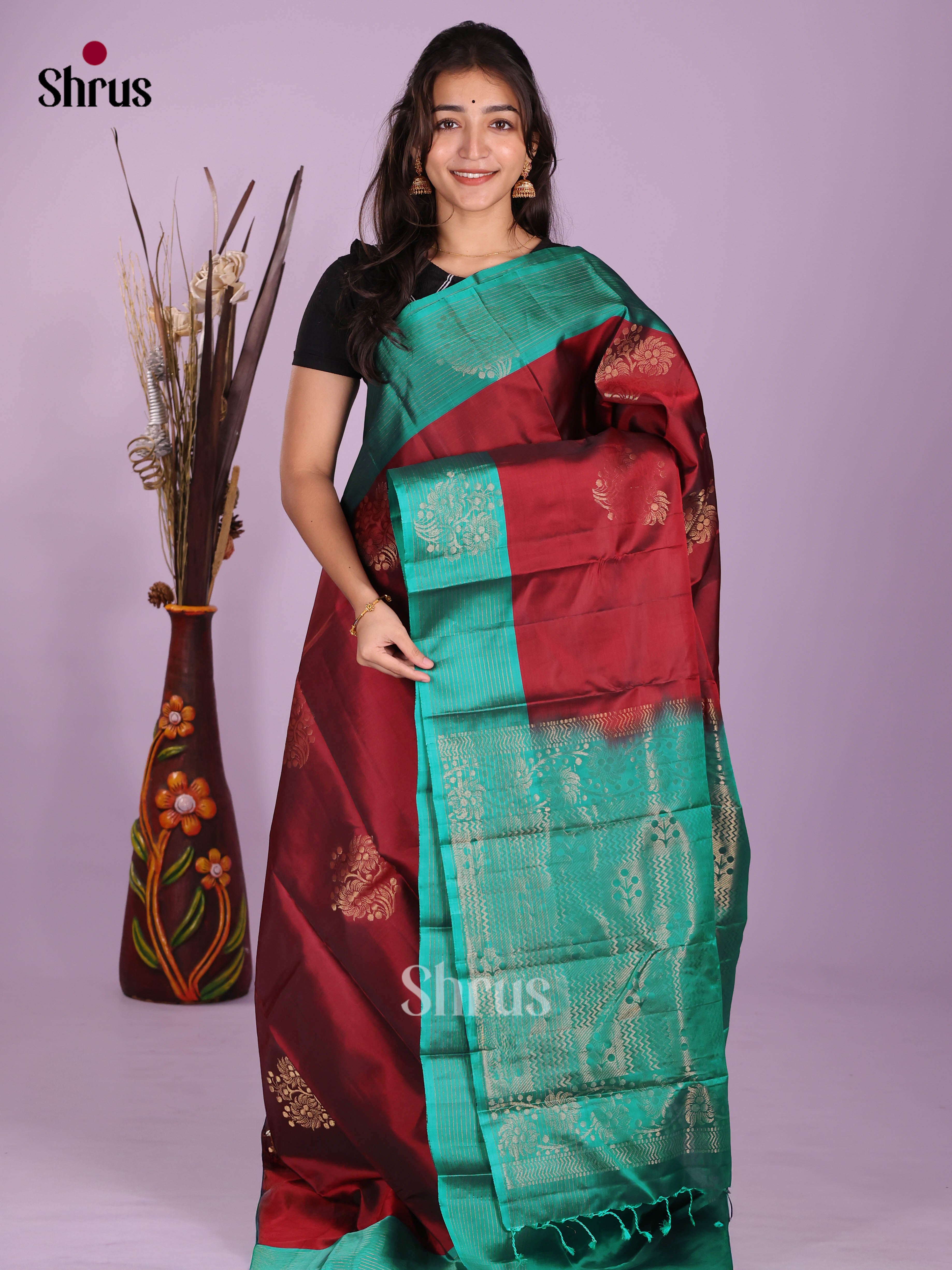 Maroon & Green - Softsilk-halfpure Saree