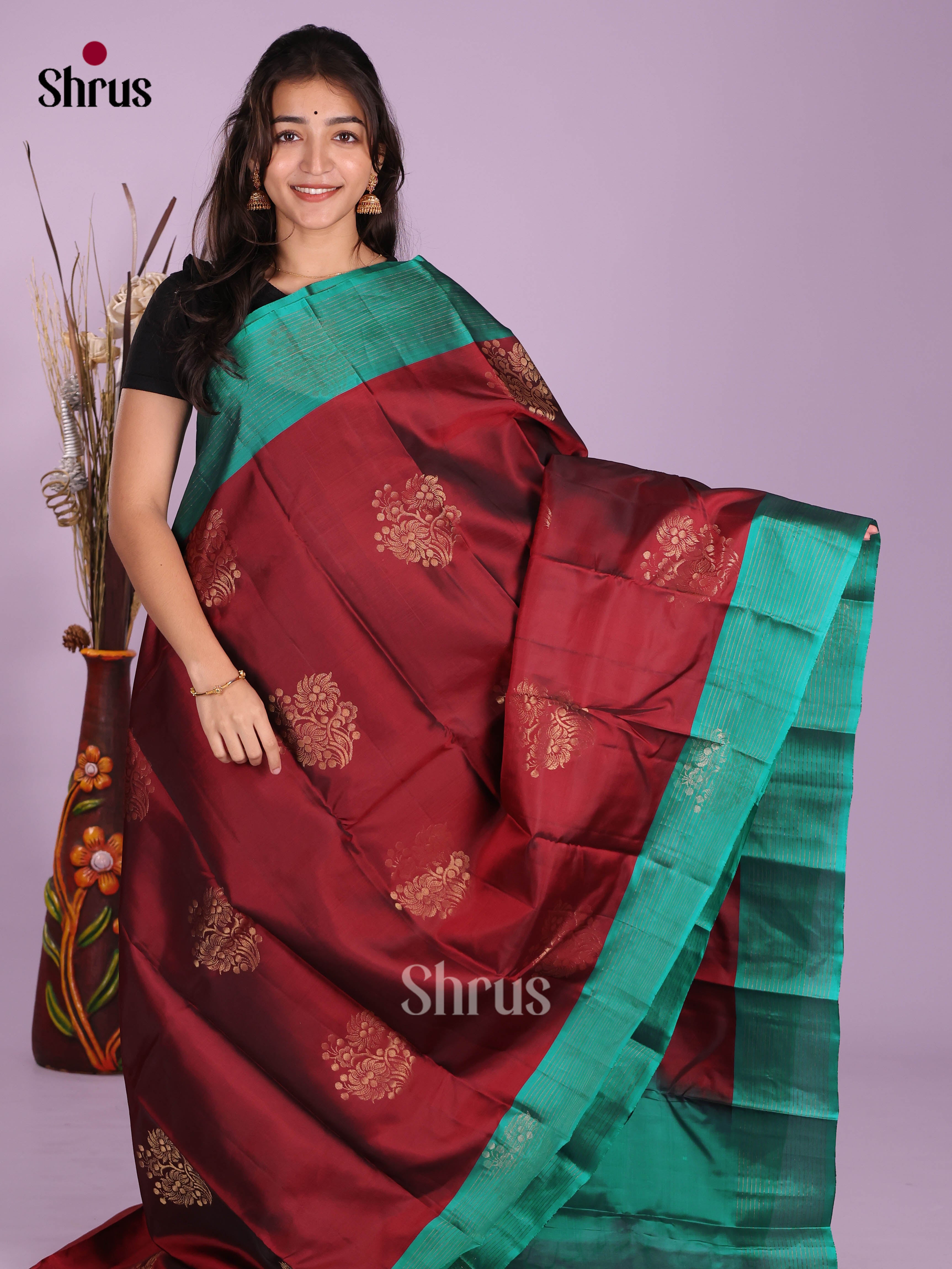Maroon & Green - Softsilk-halfpure Saree