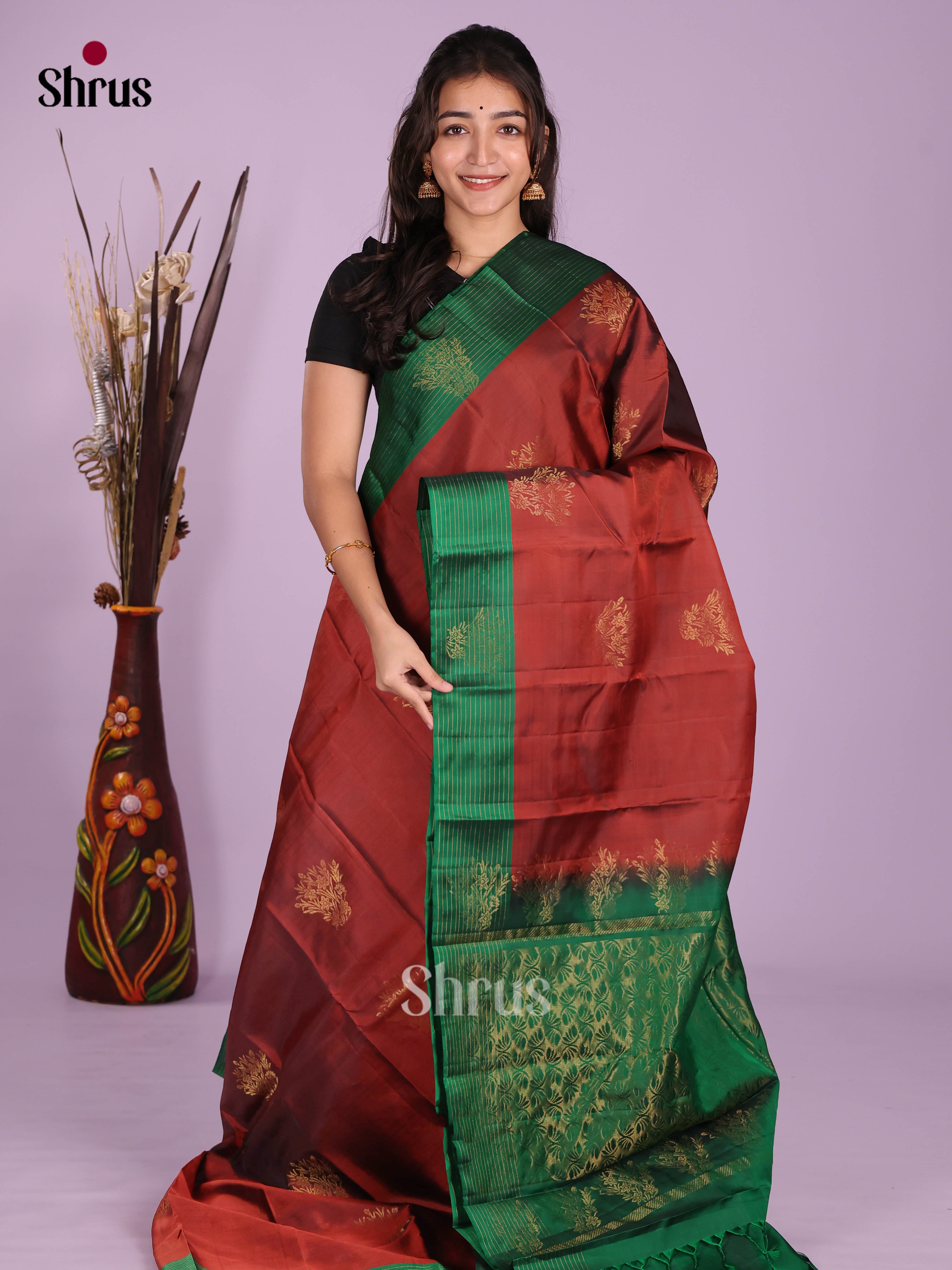 Maroon & Green - Softsilk-halfpure Saree