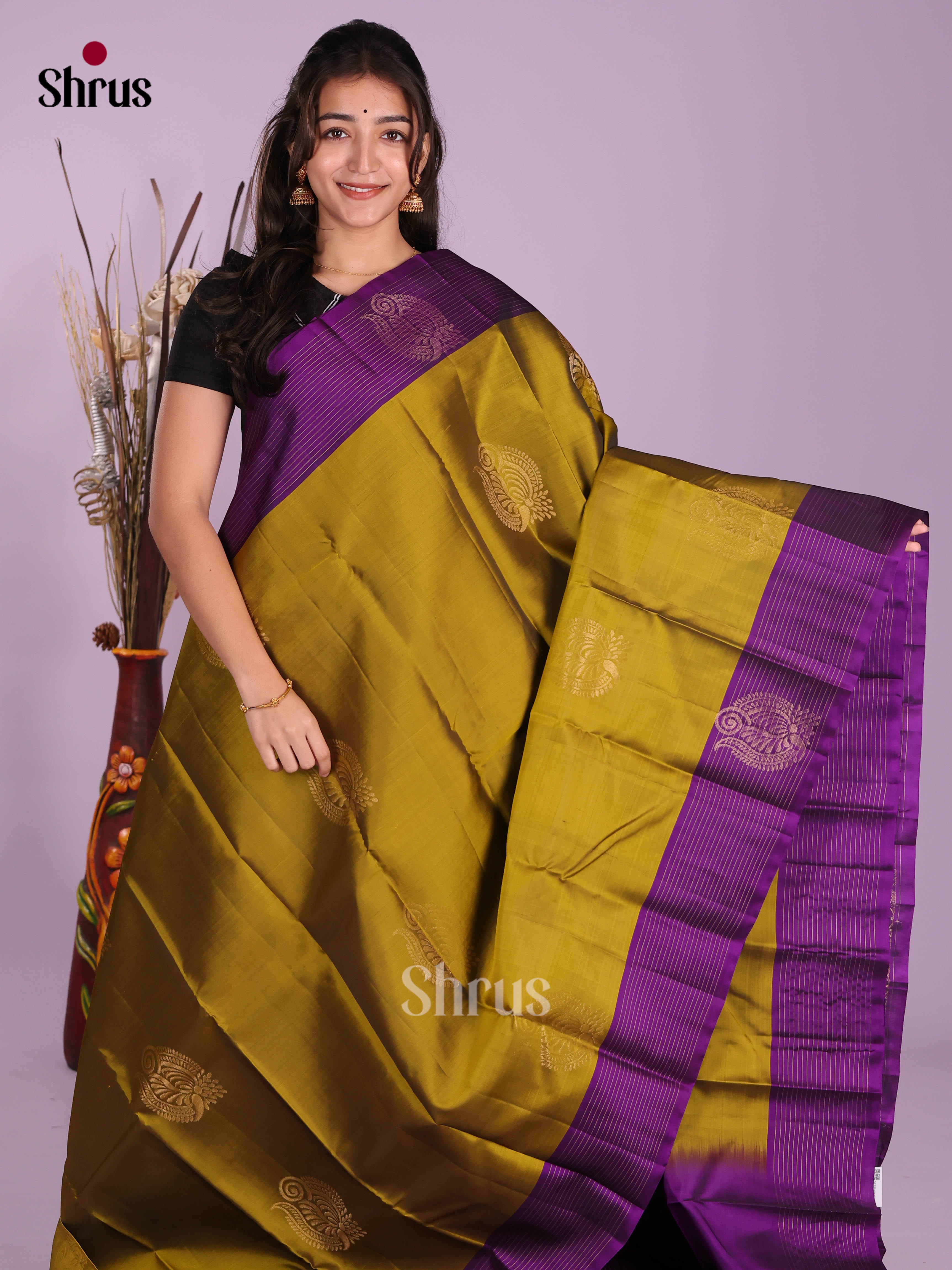 Mehandi Green & Violet- Softsilk-halfpure Saree - Shop on Shrus.com