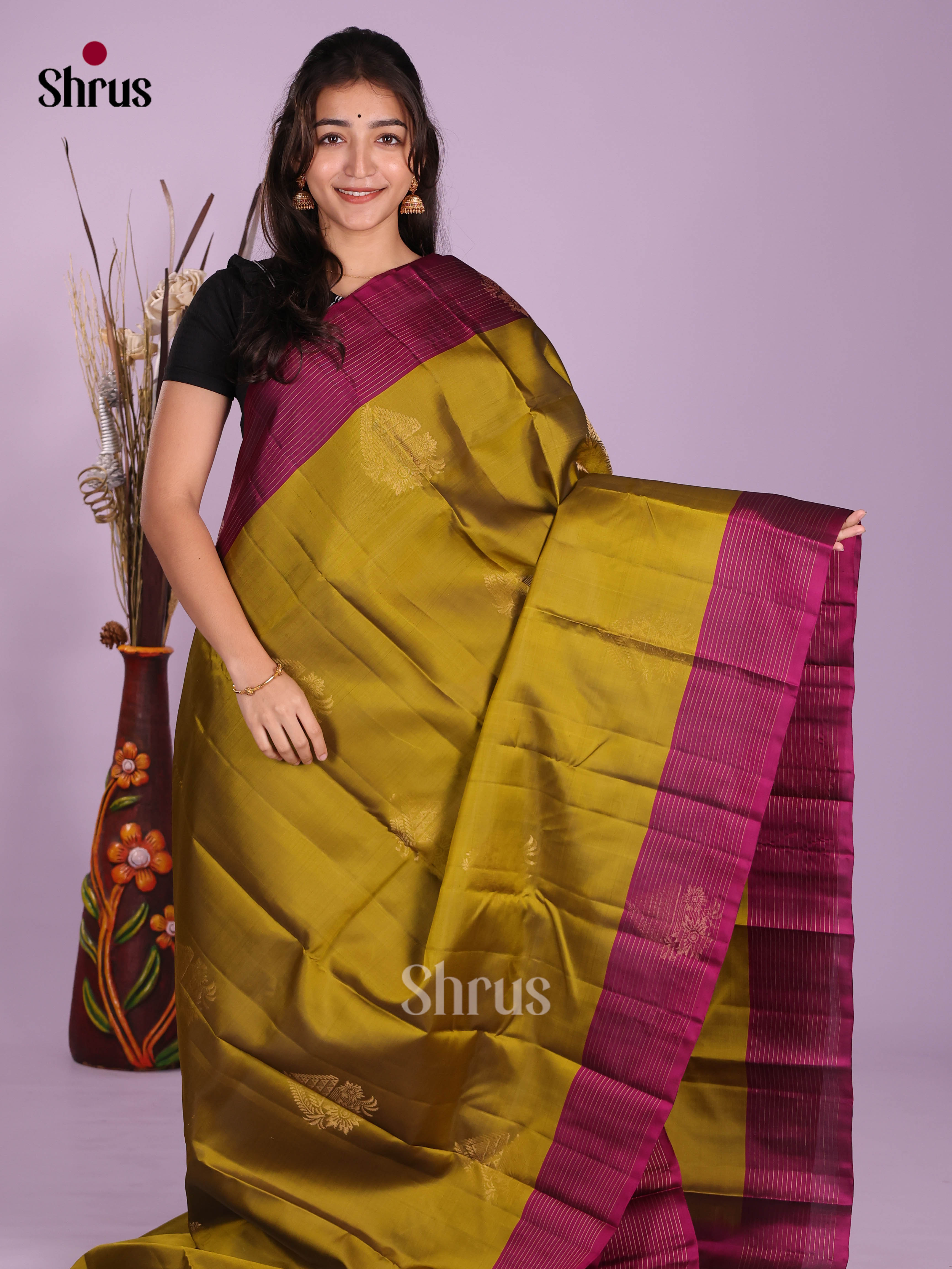 Mehandi Green & Purple- Softsilk-halfpure Saree