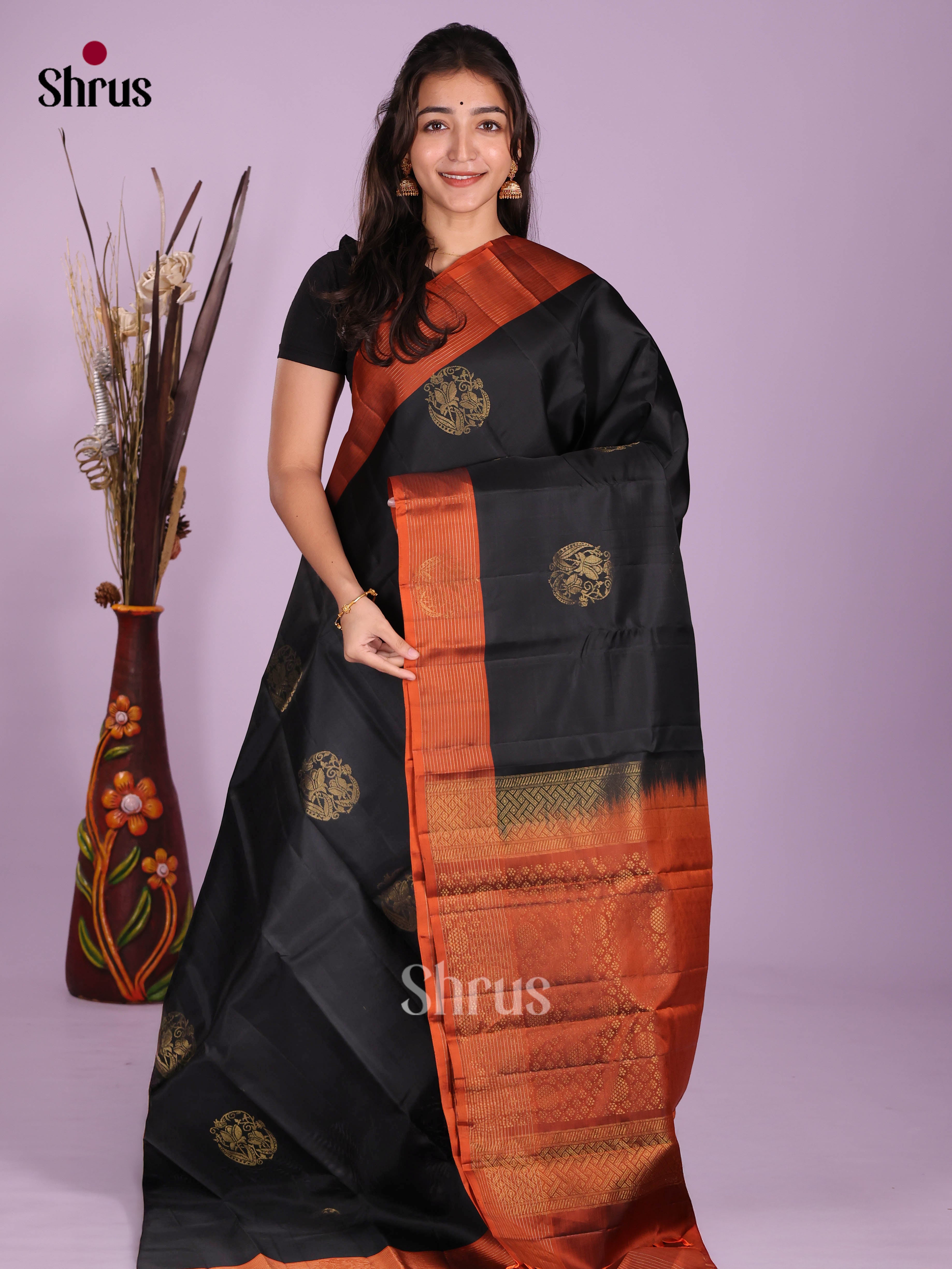 Black & Rust - Softsilk-halfpure Saree - Shop on Shrus.com
