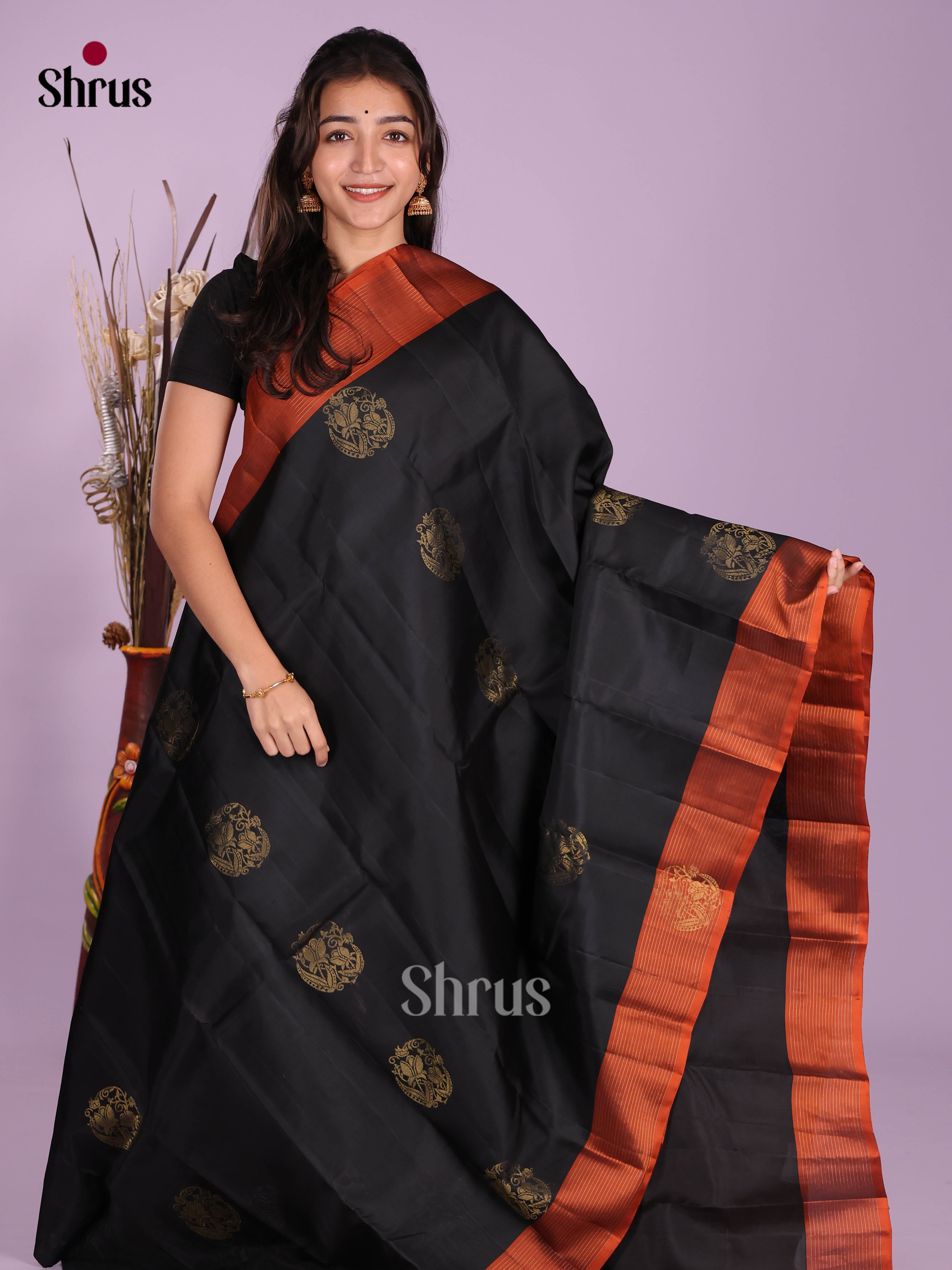 Black & Rust - Softsilk-halfpure Saree - Shop on Shrus.com