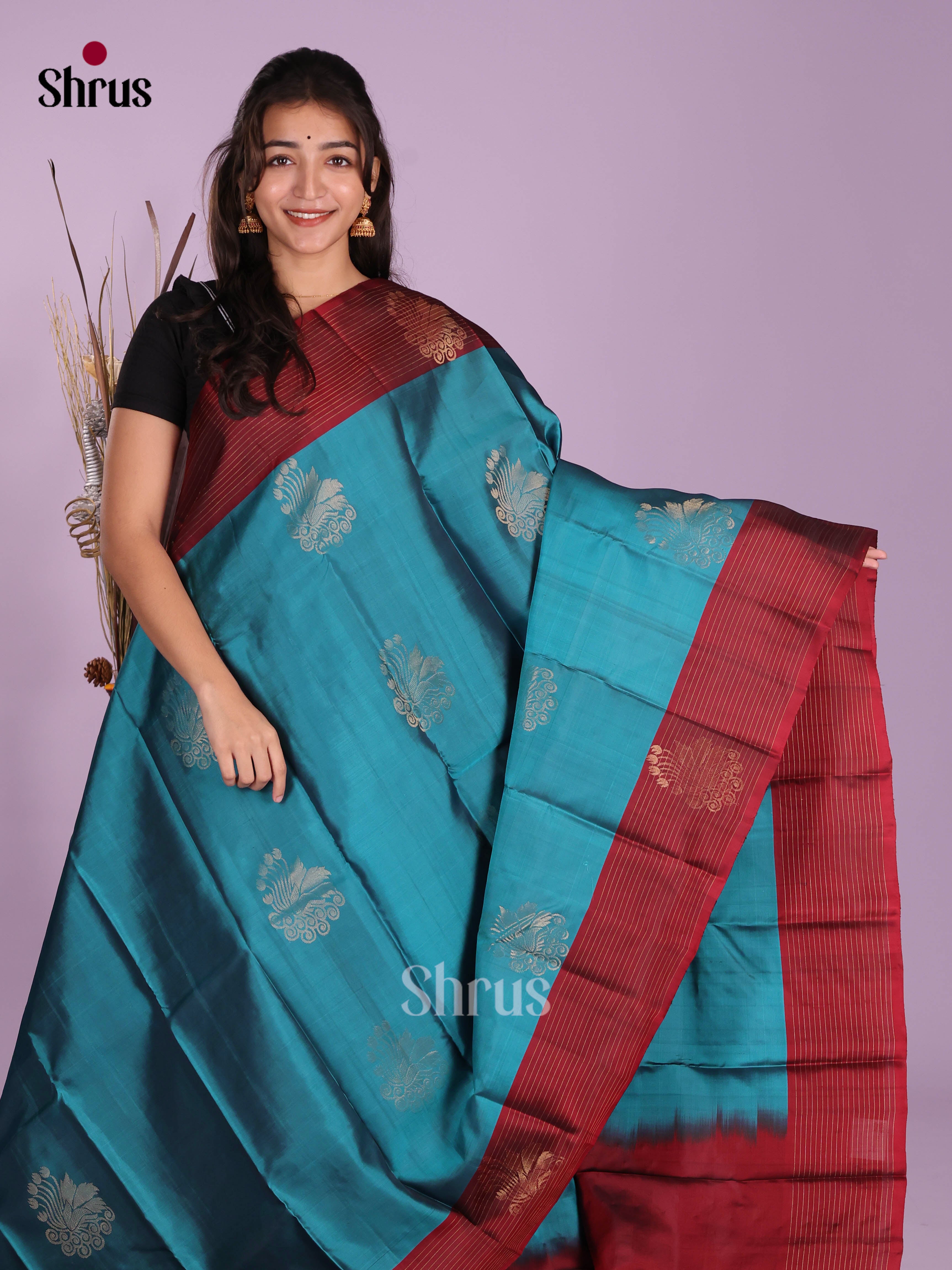 blue & Maroon - Softsilk-halfpure Saree