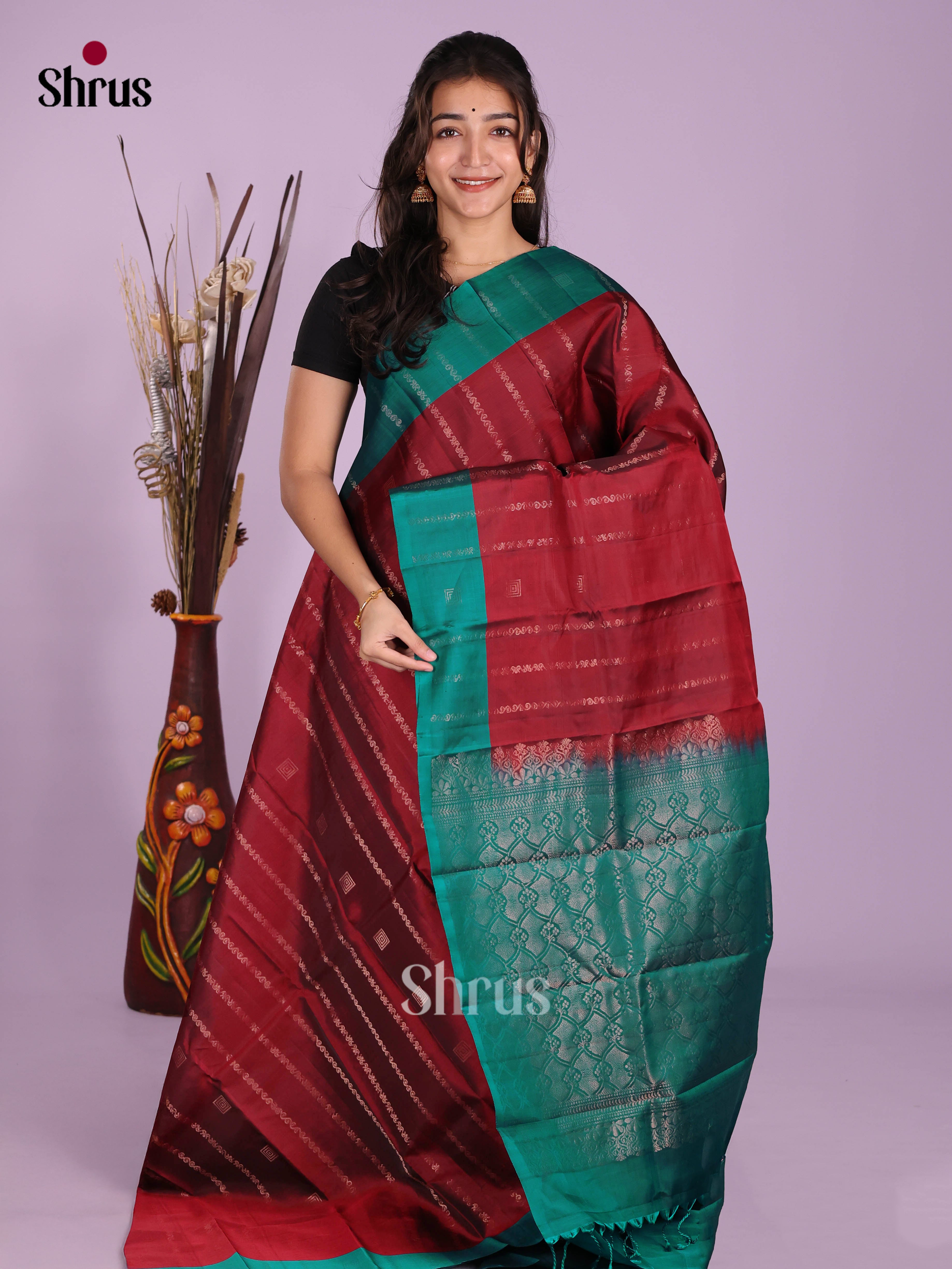 Maroon & Green- Softsilk-halfpure Saree